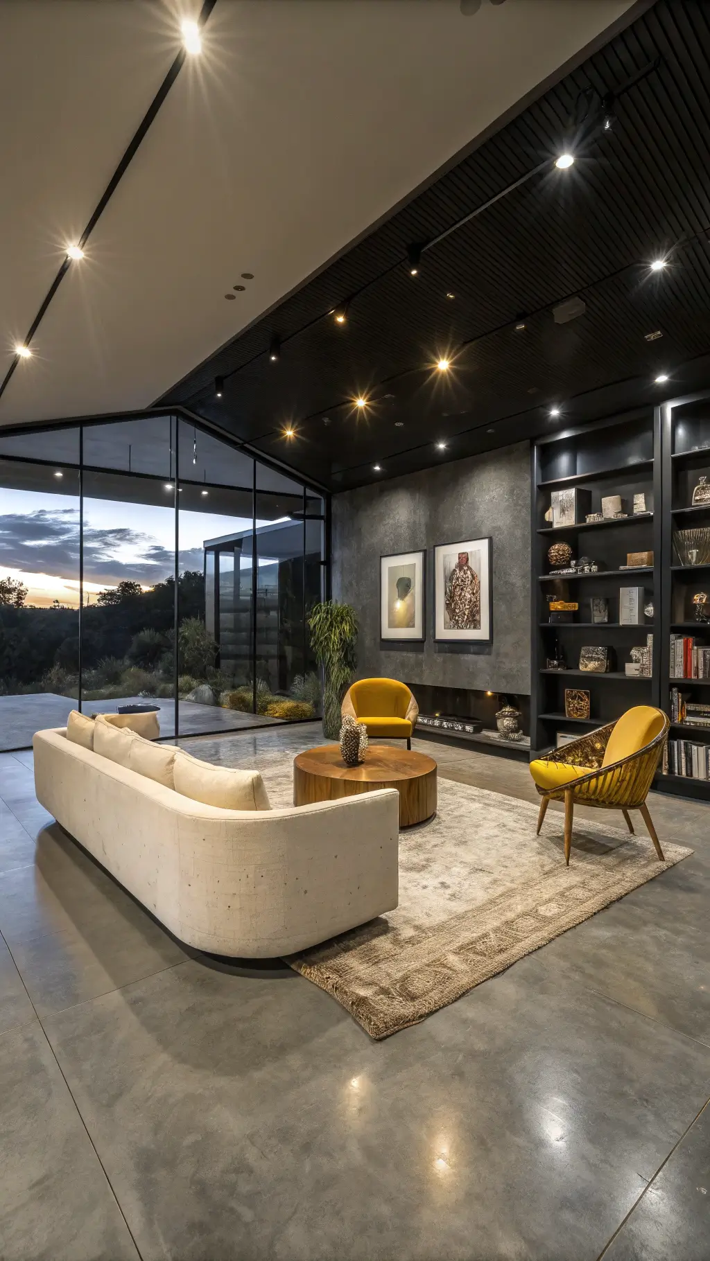 Sophisticated living room with polished concrete floors, black accent wall, cream sofa, mustard yellow chairs, wooden coffee table, floor-to-ceiling shelving, and art under dusky lighting.