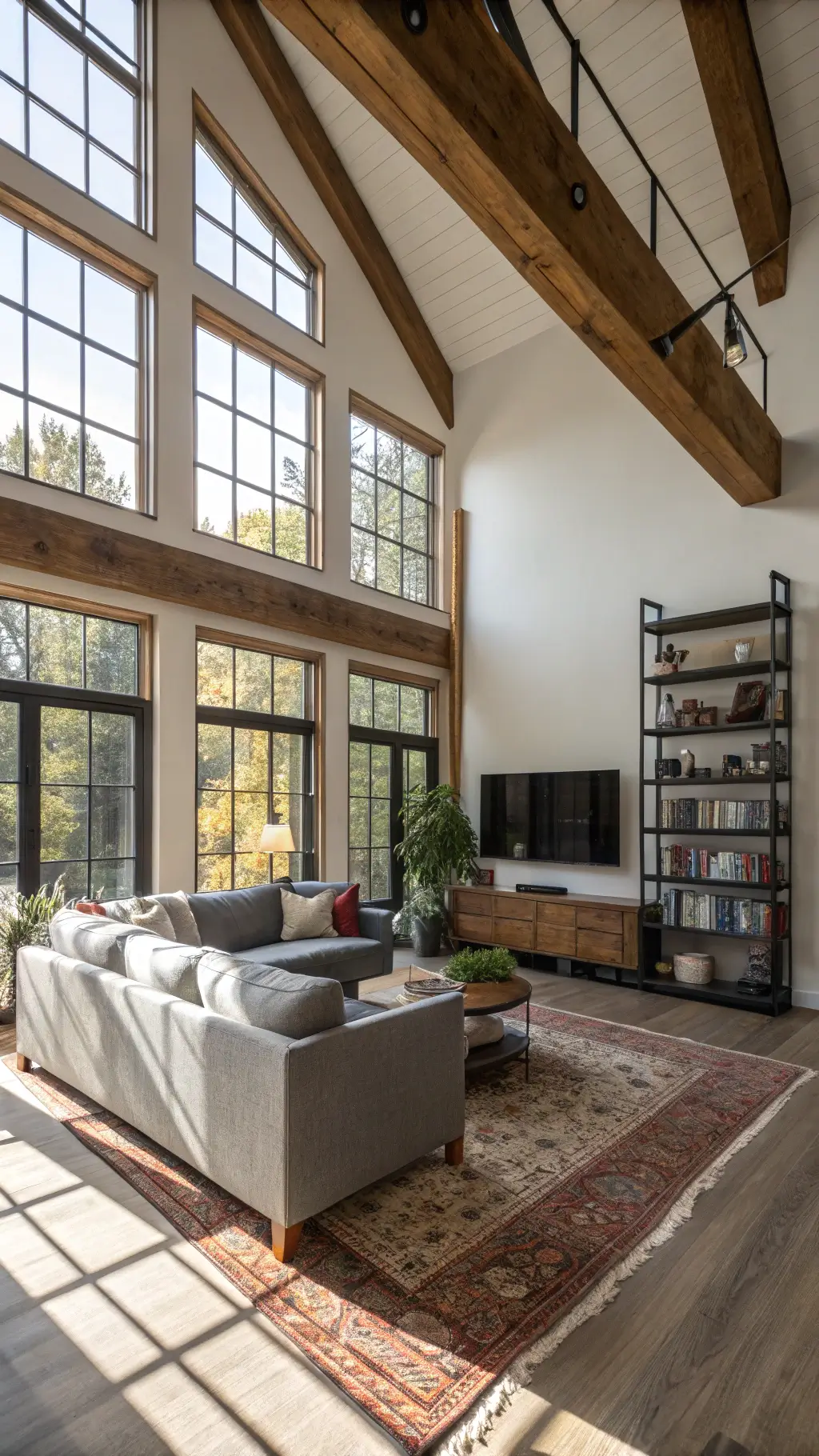 Sunlit corner living room with tall windows, timber beams, gray sectional, modernist leather lounger, industrial black metal shelves, and layered rugs photographed from a high angle.