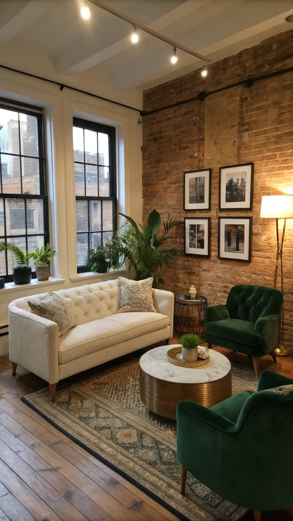 Cozy urban living room with brick walls, oak floors, ivory sofa, green velvet chairs, brass coffee table, gallery of black and white photography, potted plants, and warm evening light with ambient sconce lighting.