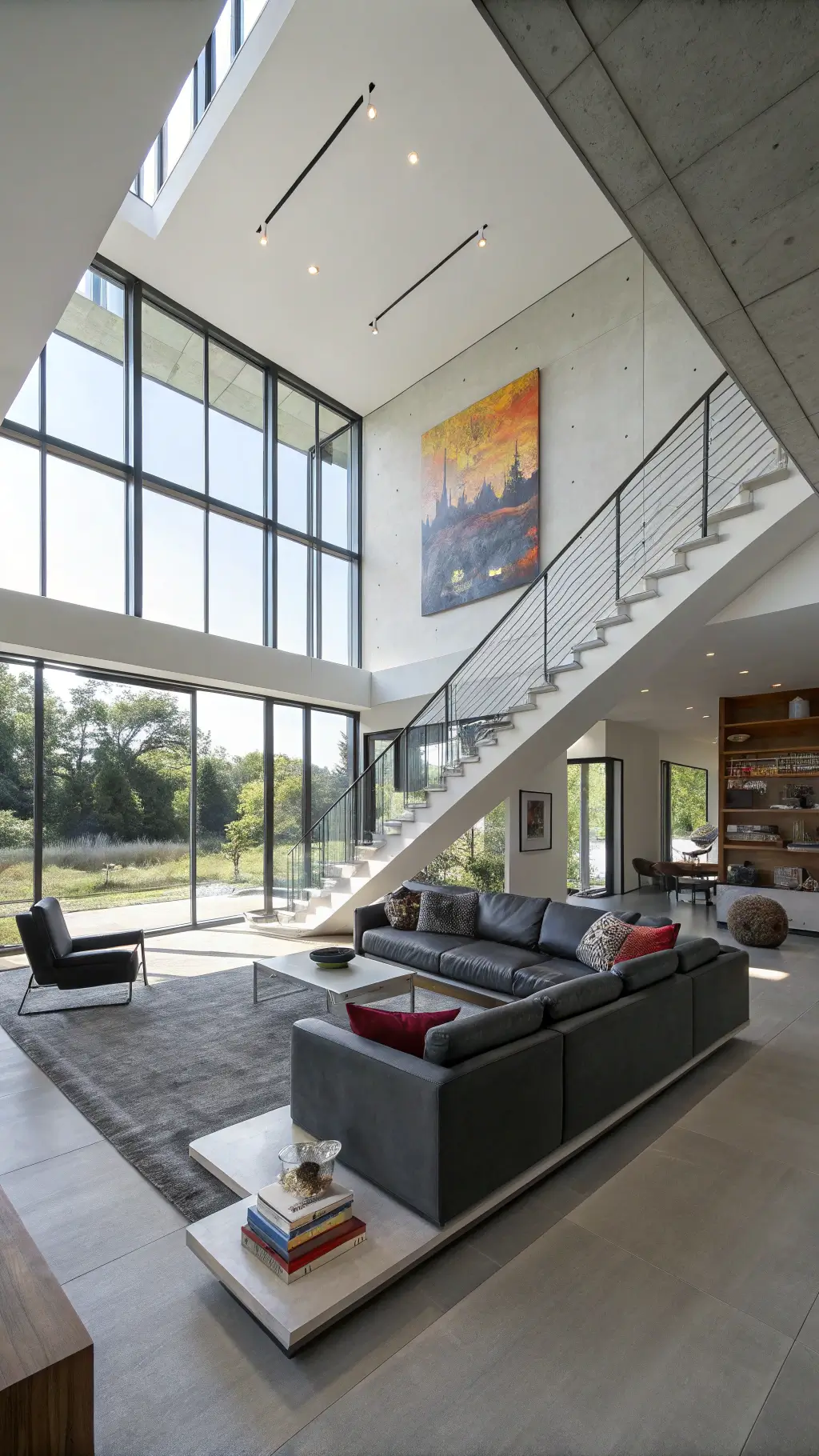 Bright open-concept living area with floor-to-ceiling windows, floating concrete stairs, charcoal sectional, leather butterfly chairs, minimalist shelves with sculptural objects, and large abstract canvas.