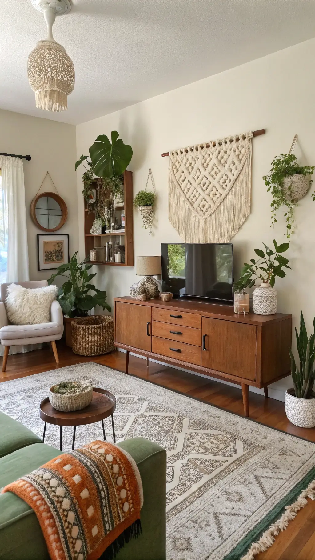 Budget-friendly living room makeover with plants, mirrors, and natural decor