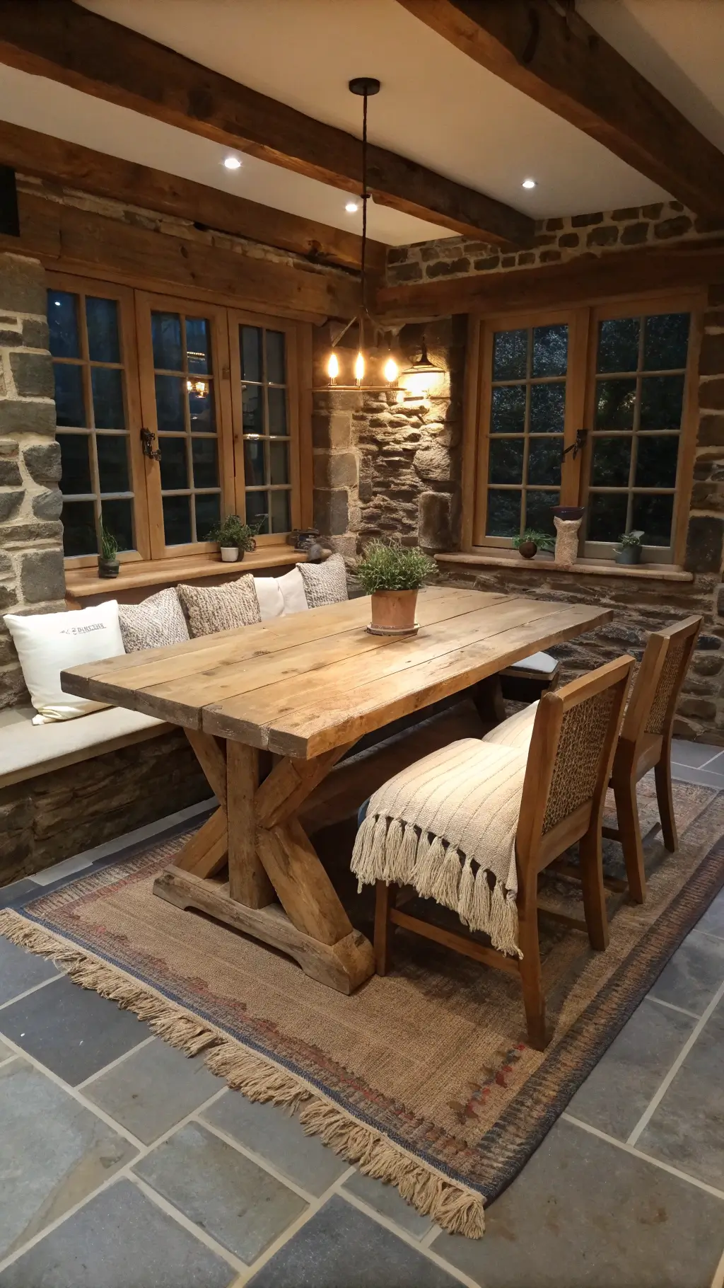Dining nook with weathered oak table, silk cushions, wooden beams, earth-toned pottery on linen runner, slate stone wall