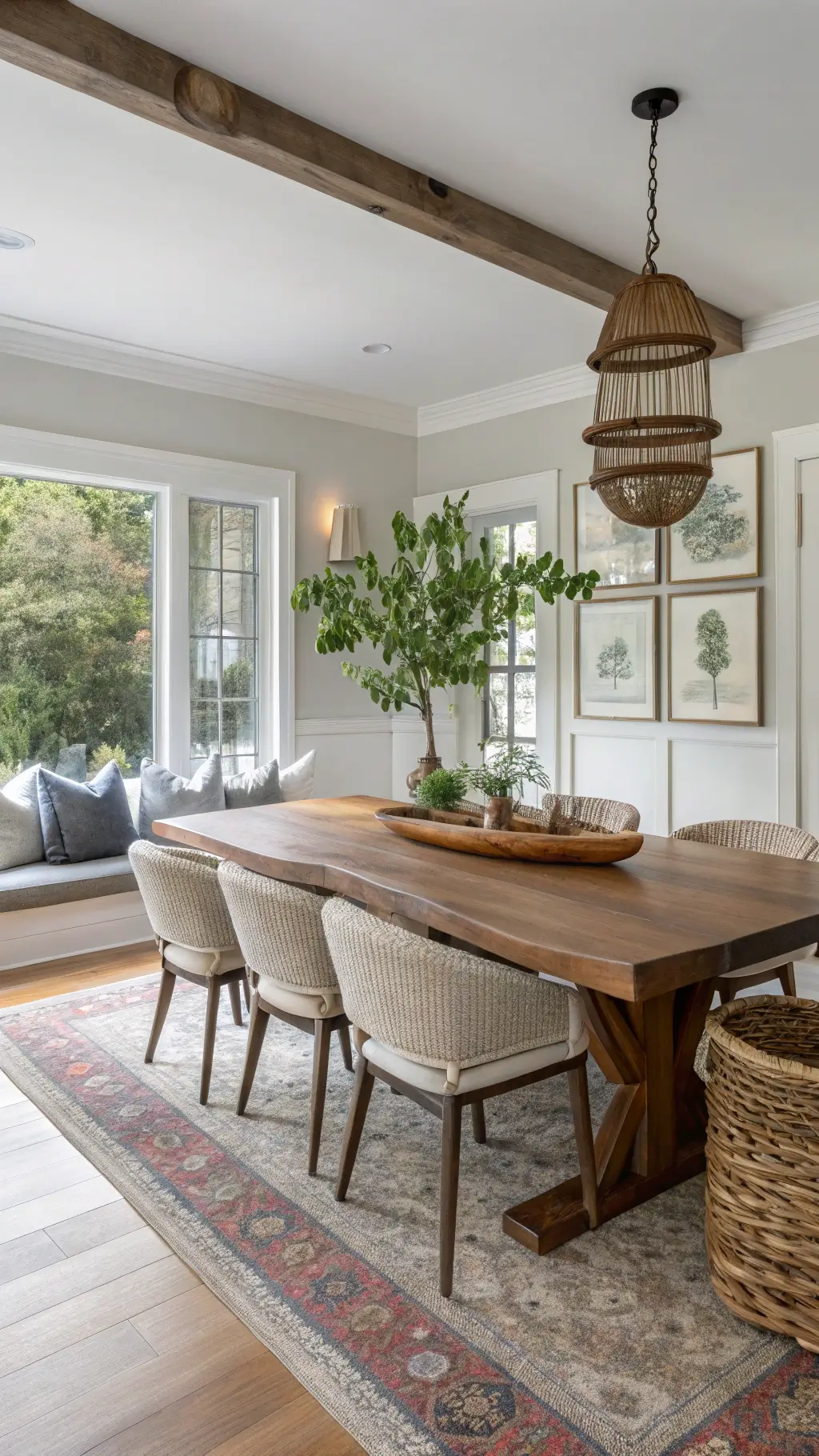 Bright dining corner with live-edge walnut table, linen bench, rope chairs, jute rug, ceramics, ikebana arrangements, warm gray walls