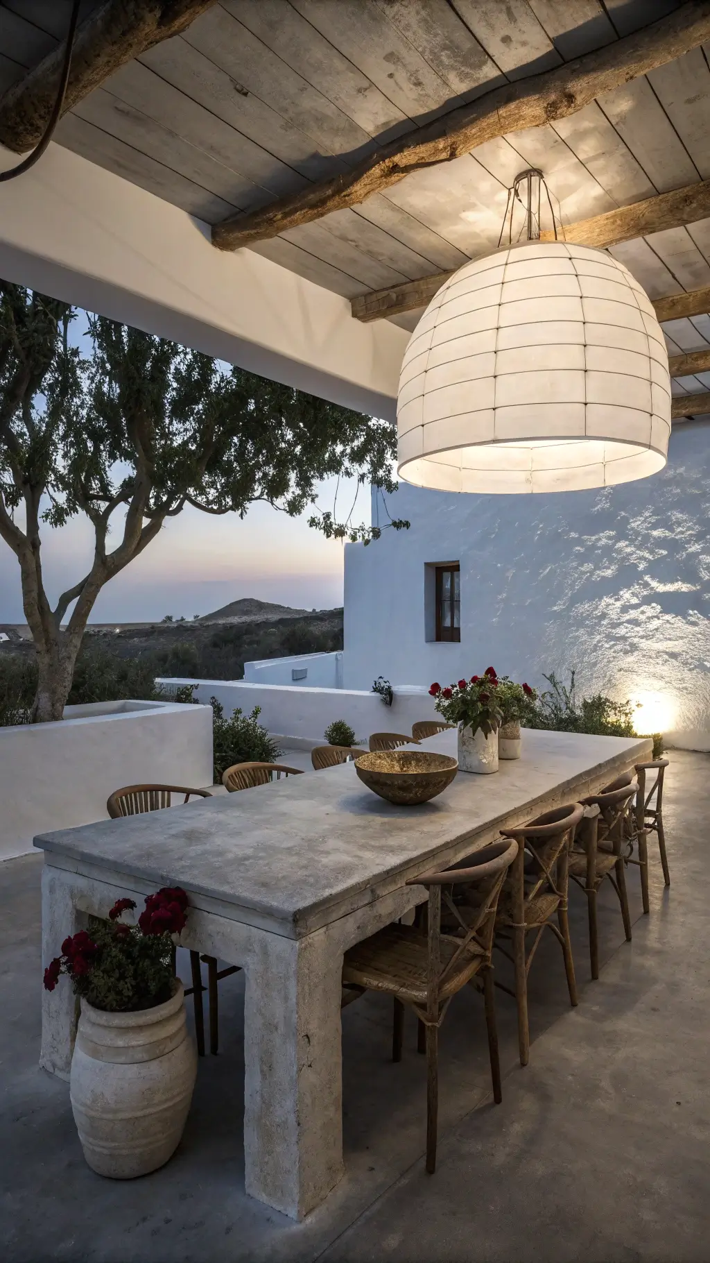 Minimalist dining room with concrete table, vintage wooden chairs, pendant lamp, whitewashed cracked walls, ceramic bowl with flowers