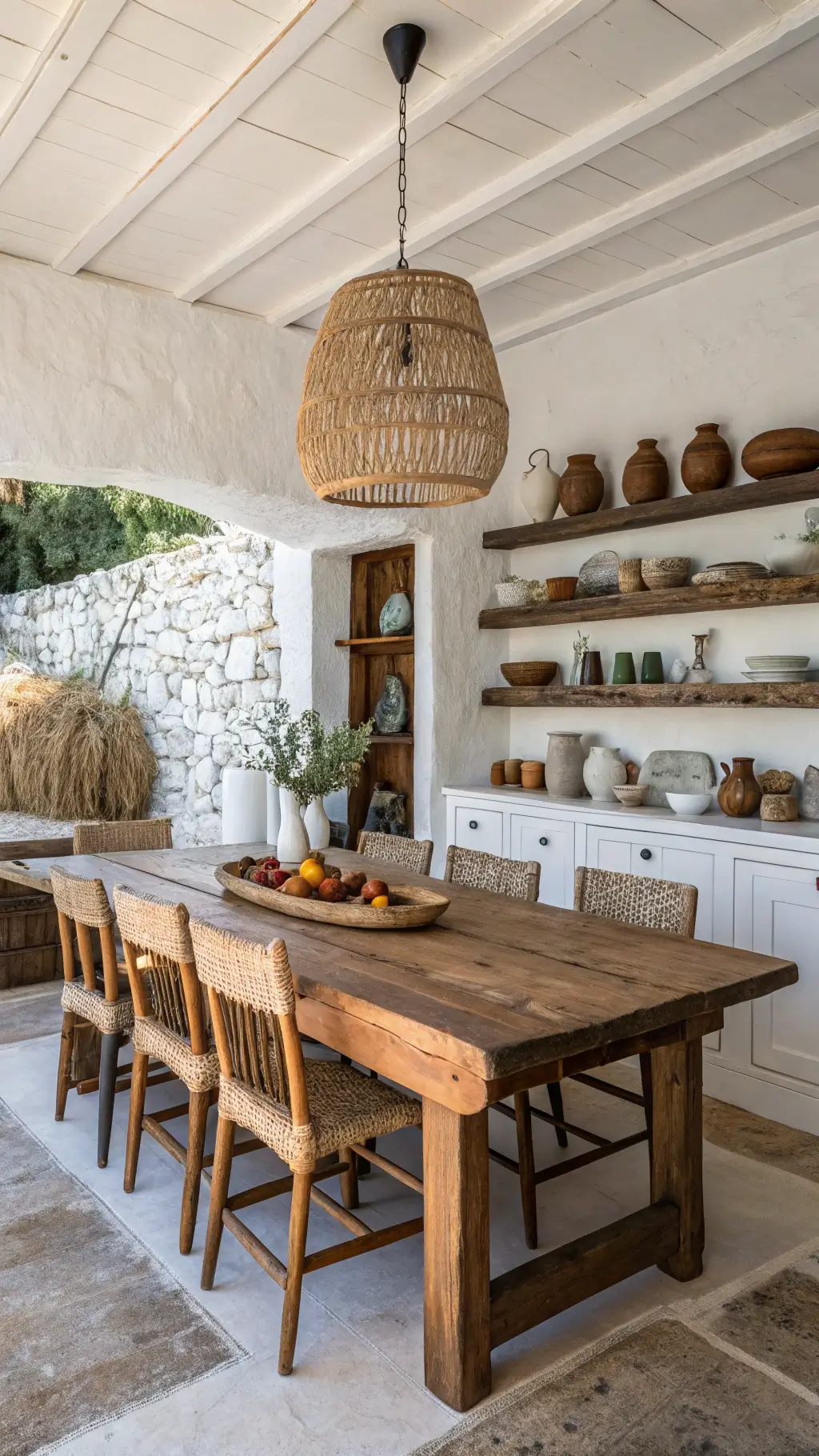 Cozy dining space with reclaimed teak table, wooden chairs, raw silk cushions, handmade pottery, natural fiber pendant light, textured plaster walls