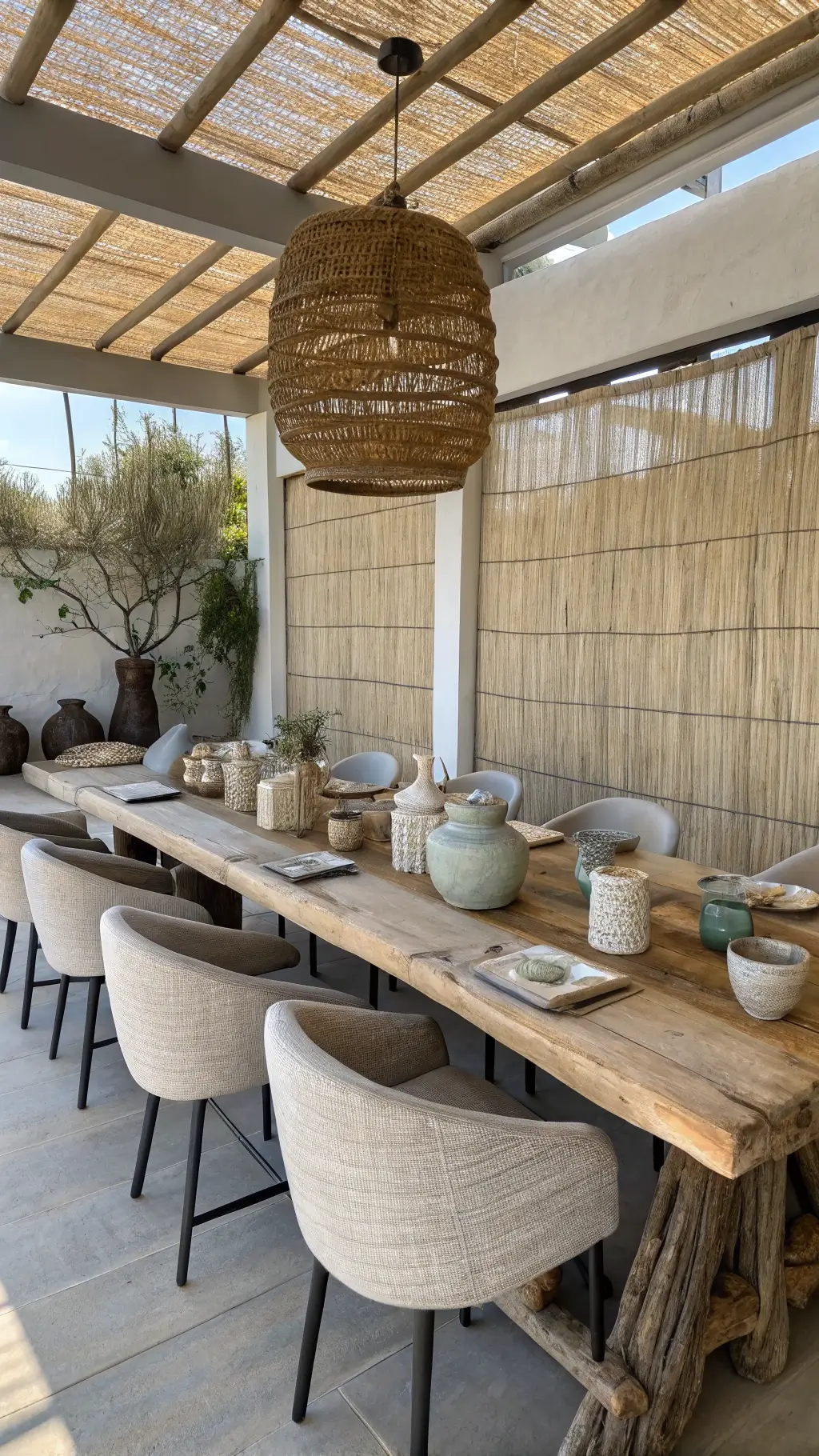 Airy dining room with ancient wooden table, organic-shaped chairs, oversized ceramic vessels, textured grasscloth wallcovering, woven bamboo light fixture