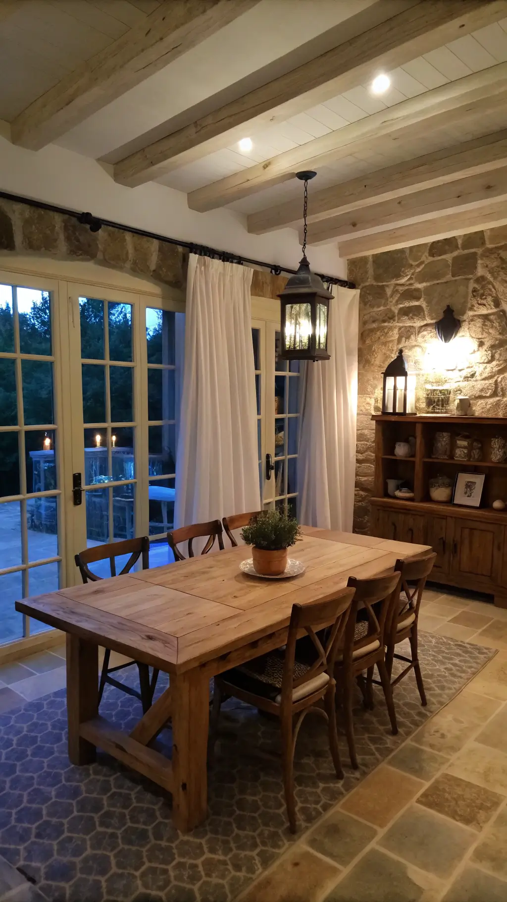 Tranquil dining room at twilight with low-backed chairs, hand-scraped maple table, stone accent wall, plaster finish, vintage ceramics, glowing paper lantern