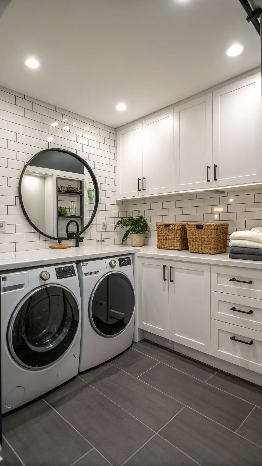 Wall-mounted shelves in a compact laundry room