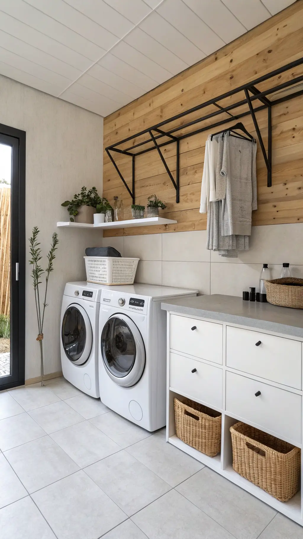 Stackable storage containers in laundry room
