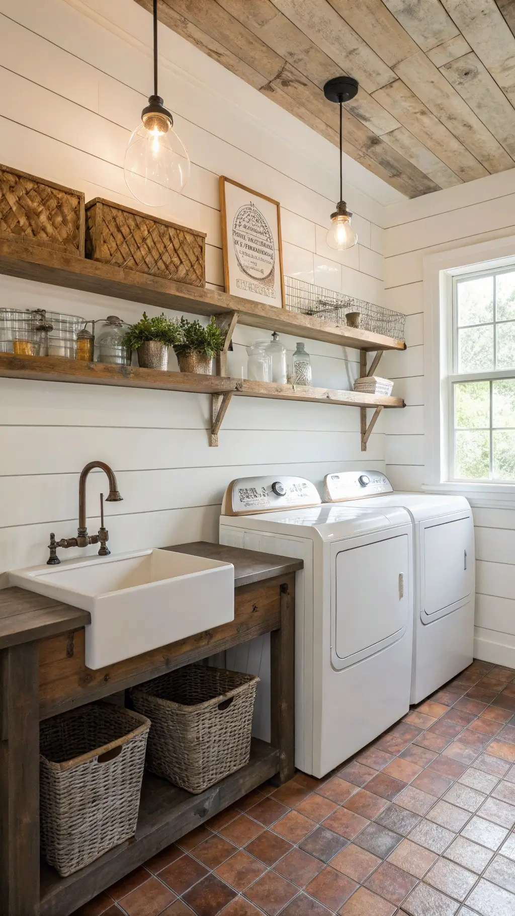 Vintage-style laundry room with rustic shelving and warm lighting