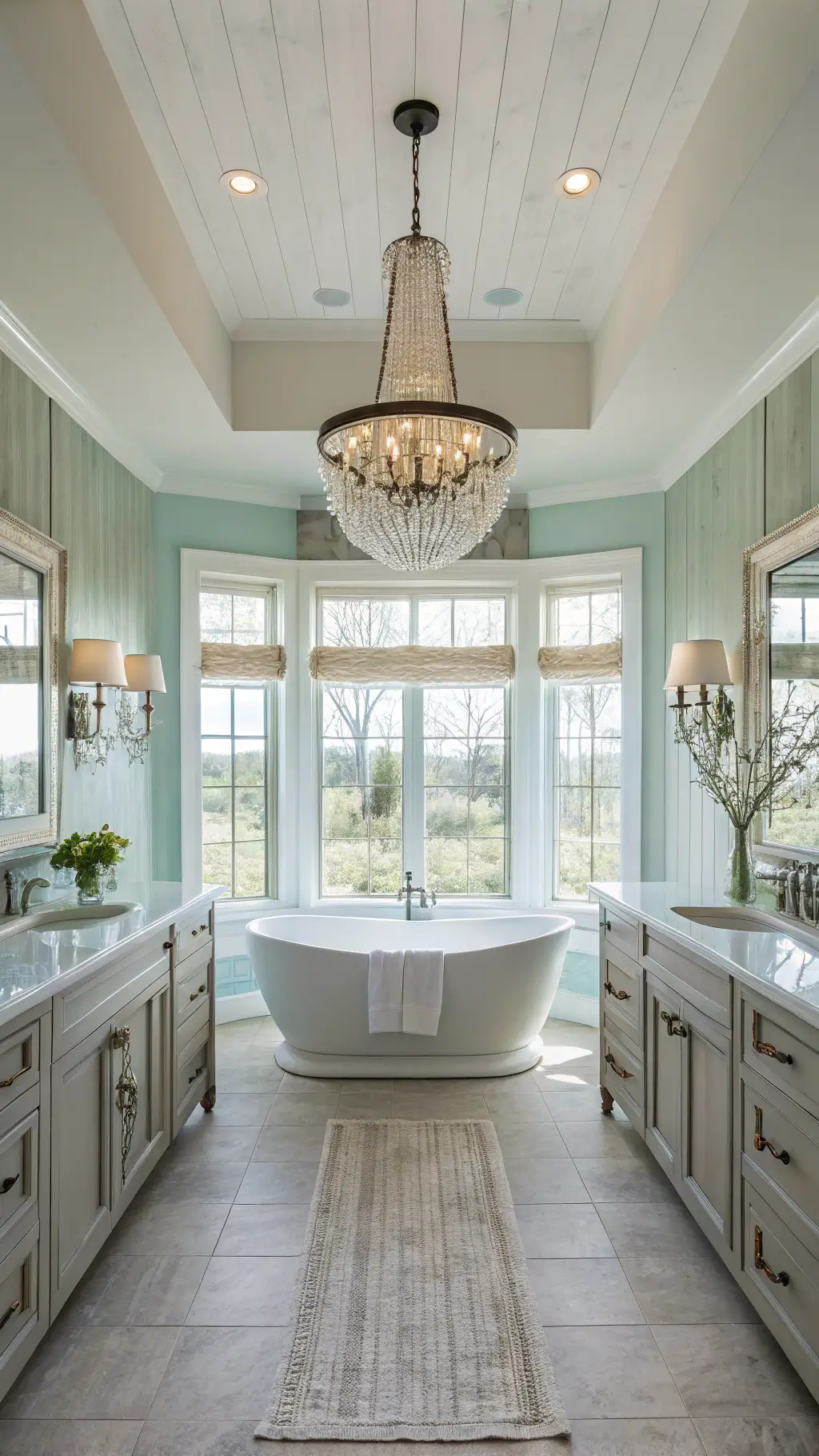 Spacious primary bathroom with statement chandelier, dual vanities, and freestanding tub illuminated by natural morning light
