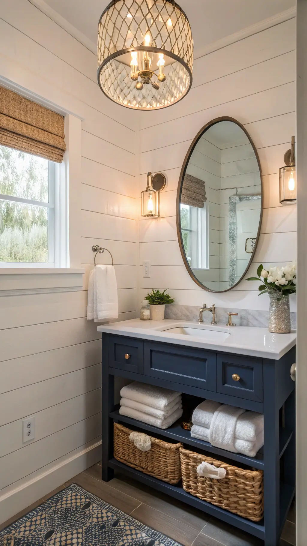 Coastal-inspired guest bathroom at dusk with white shiplap walls, navy vanity, aged nickel light bar, seagrass basket, and capiz shell pendant casting delicate shadows