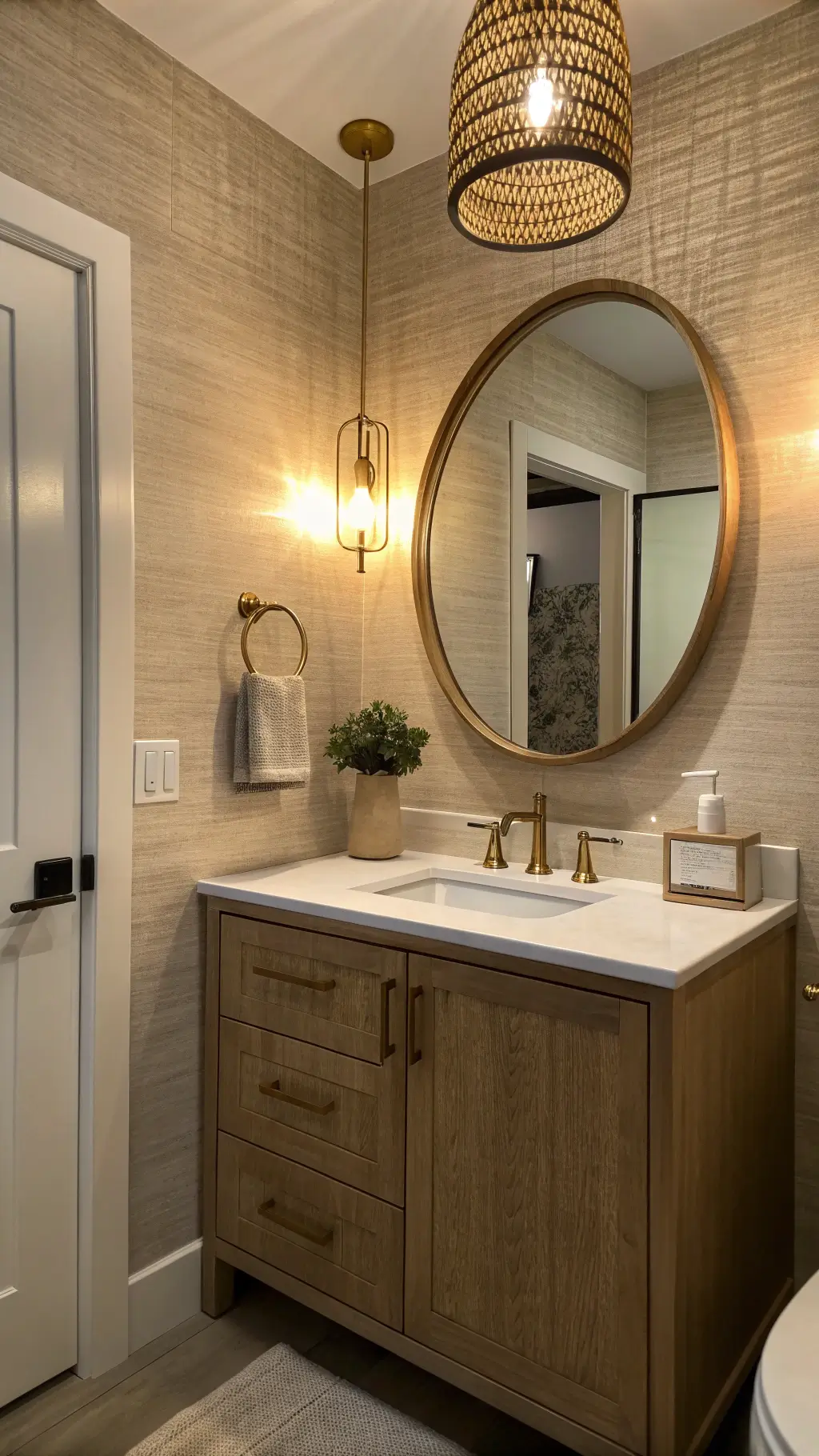 Intimate 6x8ft powder room with textured grasscloth wallpaper, floating oak vanity, white quartz countertop, rattan mirror, and brass swing-arm sconce