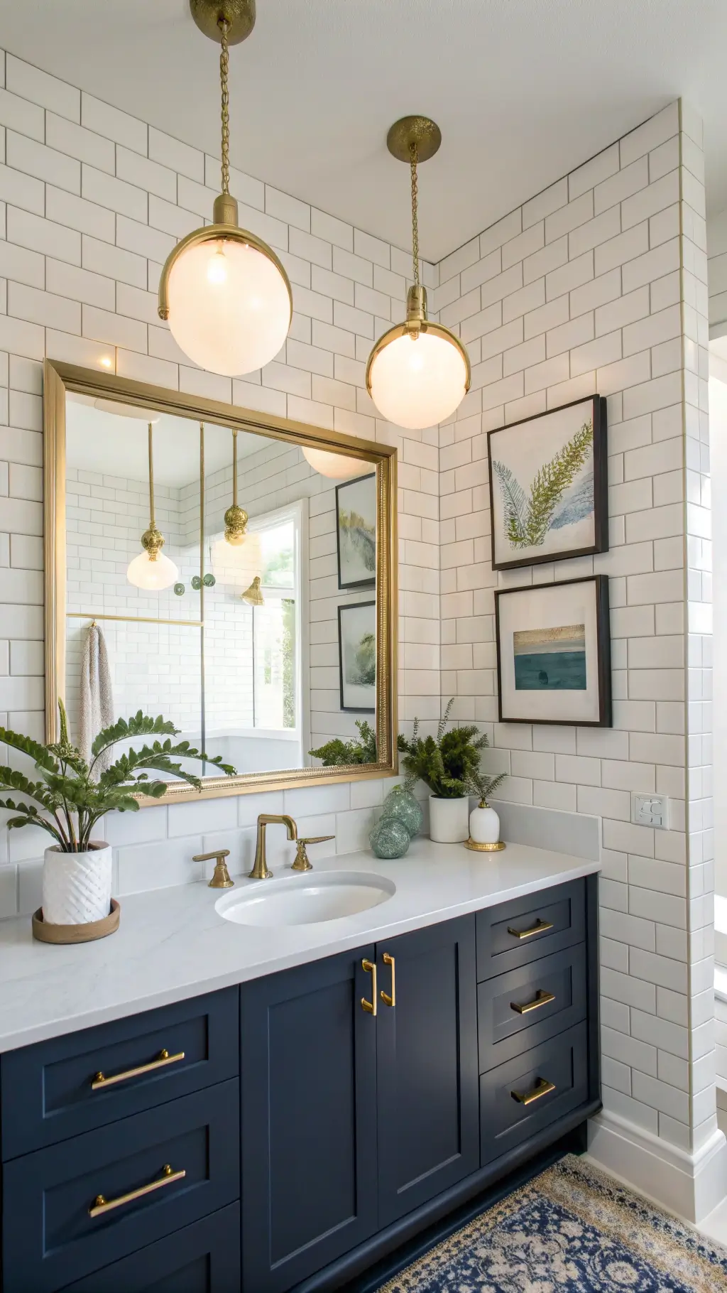 Modern 10x12ft guest bathroom with globe pendants, frameless mirror, white subway tile backsplash, matte navy vanity, coastal art, and air plants