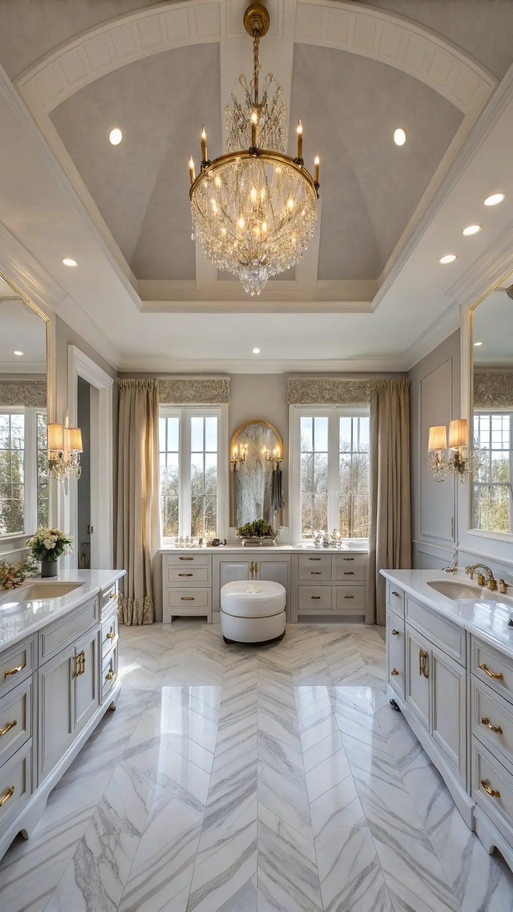 Elegant primary bathroom bathed in sunrise light, featuring crystal chandelier, antique brass vanities, marble herringbone floor, pale gray and white tones, and sheer drapes