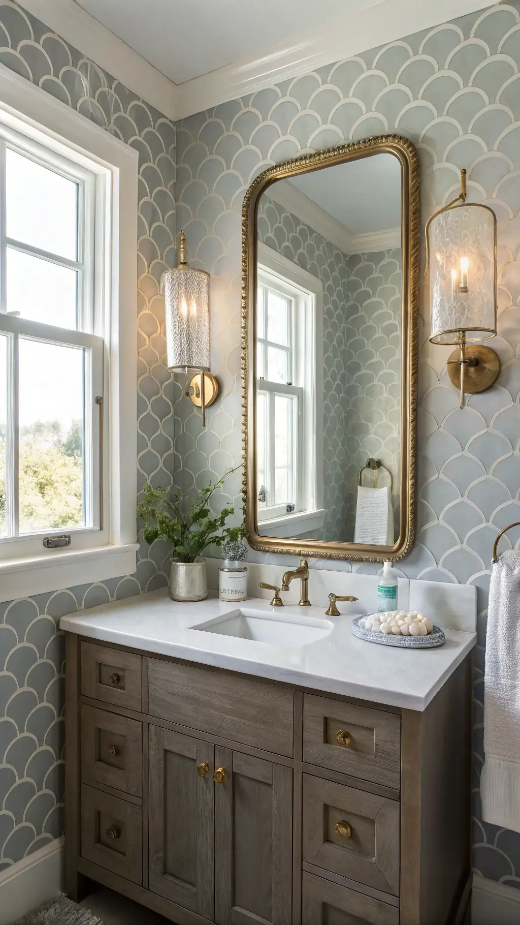 Compact powder room with glass bubble sconce, vintage mirror, floating driftwood gray vanity, silver wave wallpaper, and mother-of-pearl soap tray, lit by natural light