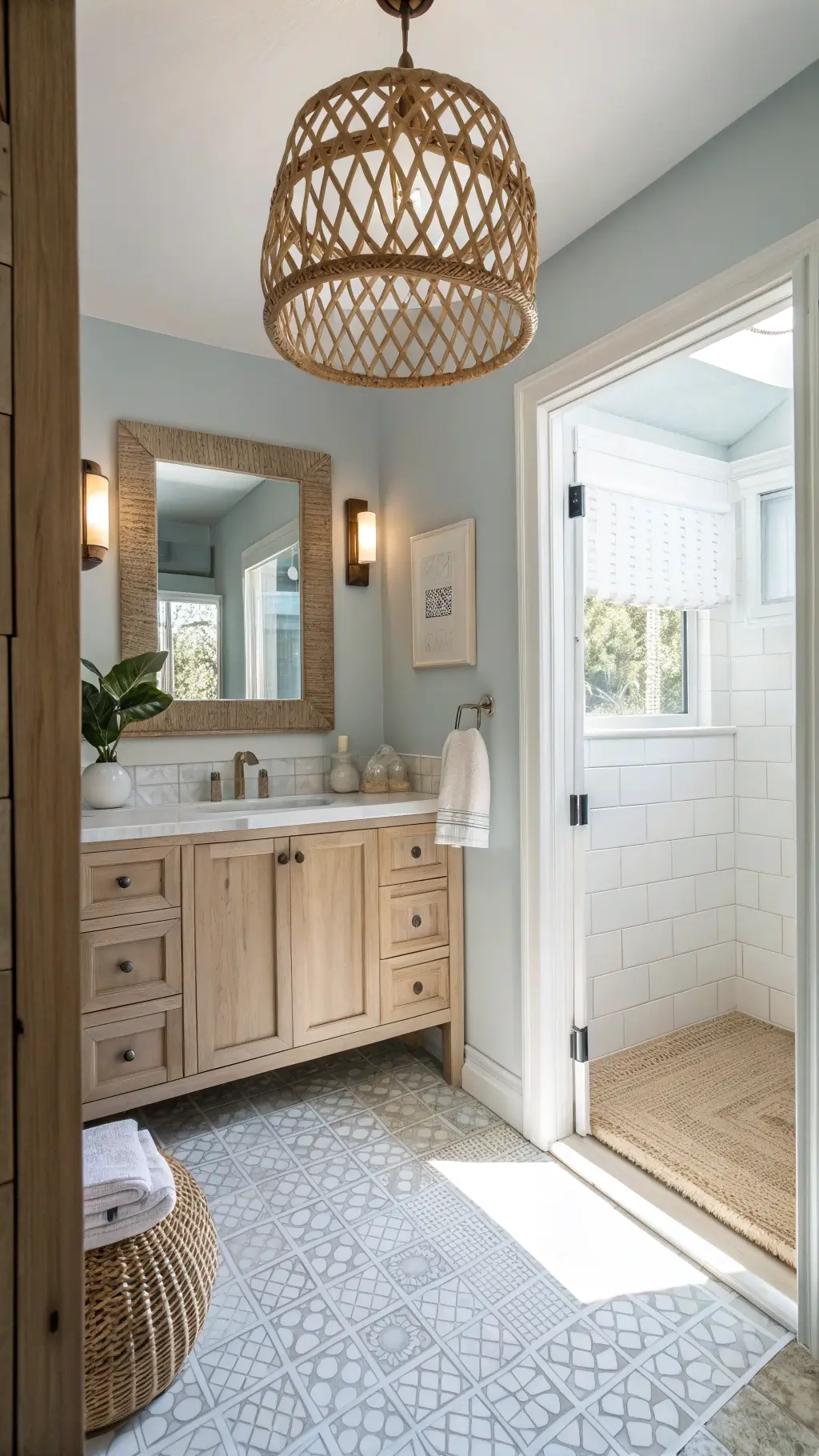 Airy guest bathroom with white oak vanity, rattan pendant lights, seeded glass sconces, pale blue-gray walls, white penny tile floor, and macramé wall art
