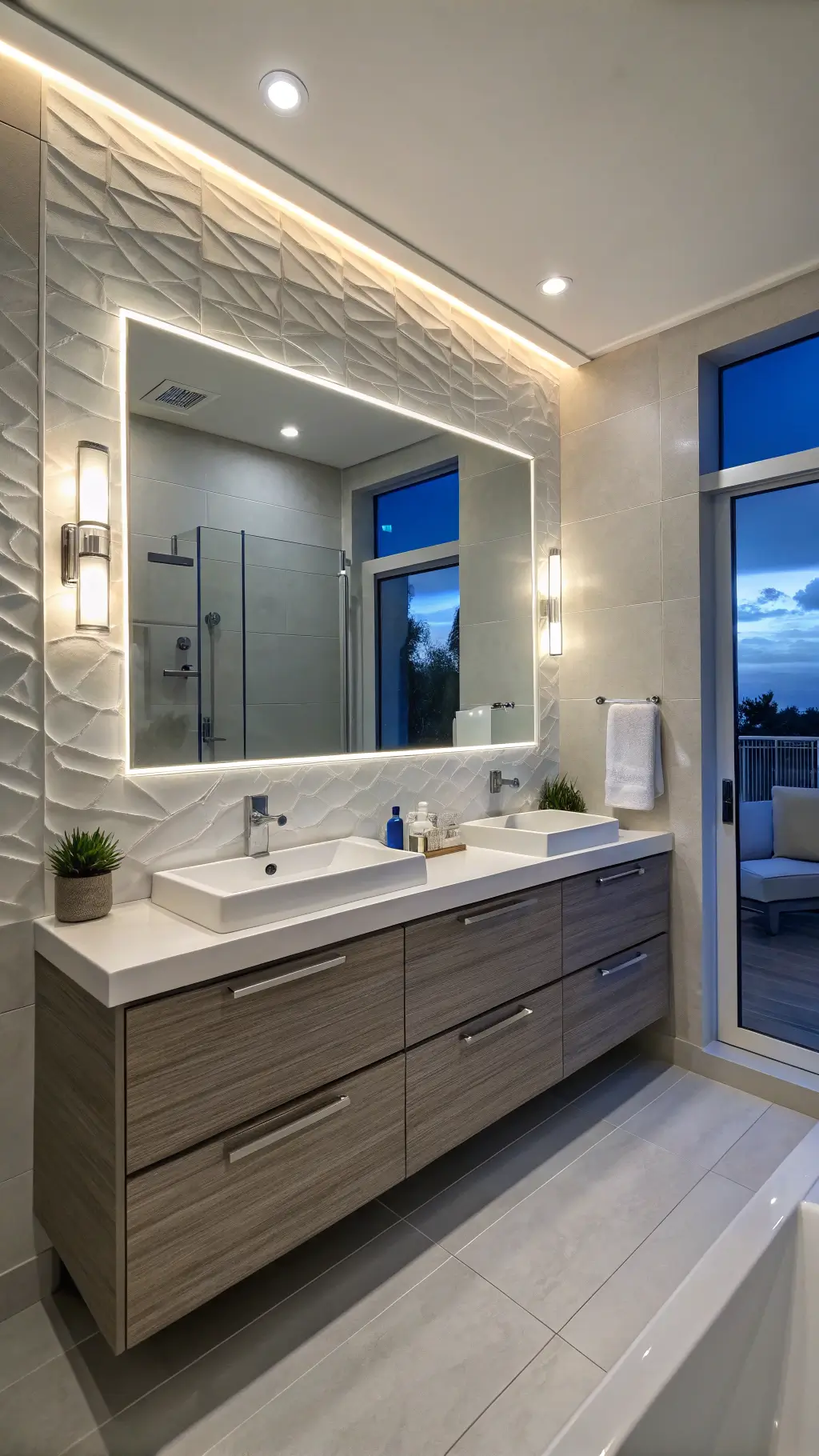 Modern bathroom with LED vanity lighting, backlit mirror, porcelain tile walls, and chrome and glass accents during blue hour