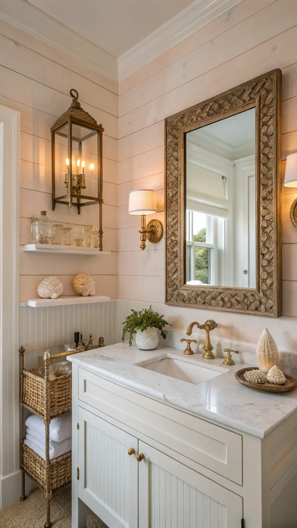 Tranquil powder room glowing in golden hour light, featuring large brass lantern sconce, carved wood mirror, soft white vanity with marble top, pale blush grasscloth walls, and shell display on floating shelves