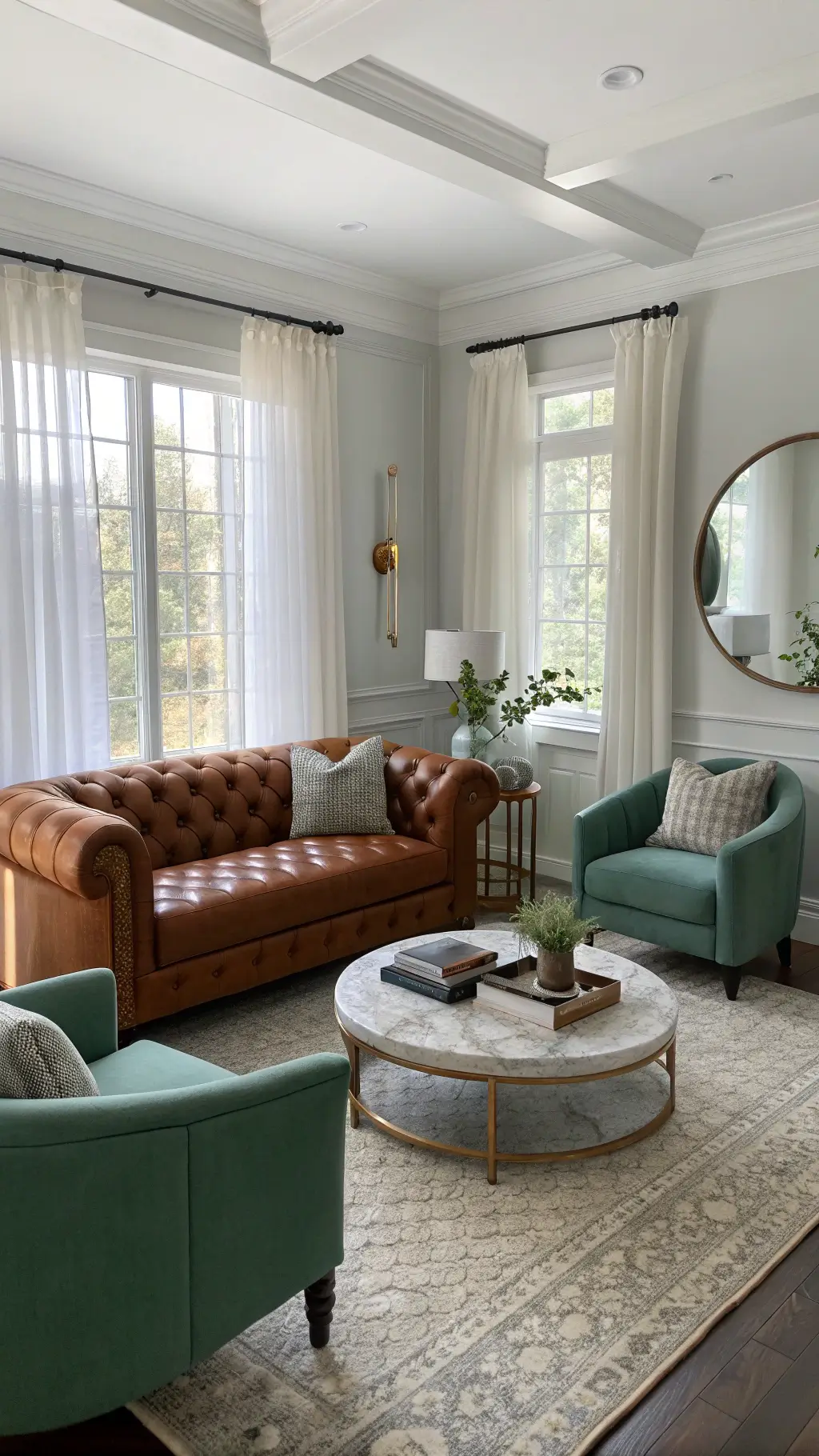 Transitional sitting area with afternoon sunlight filtering through sheer curtains, cognac leather sofa, sage green velvet chairs, marble coffee table, and brass floor lamp