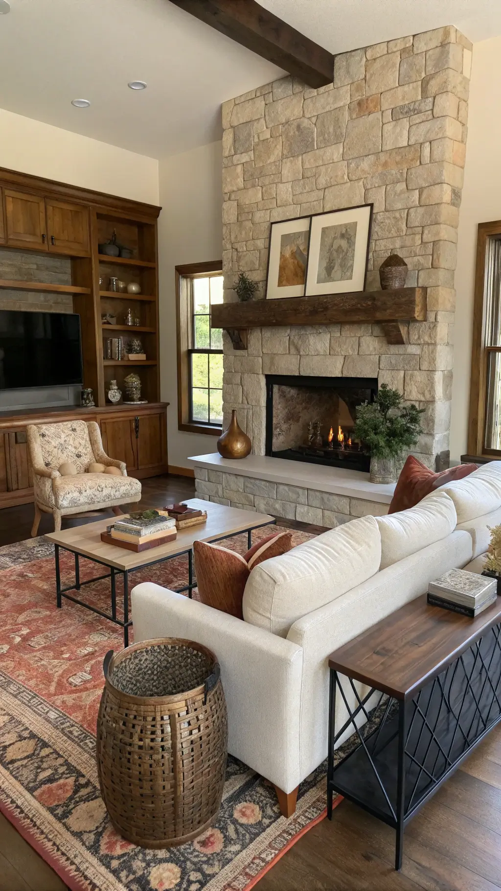 Cozy living room at golden hour with stone fireplace, cream sectional, vintage bergere chair, walnut tables, and textured decor
