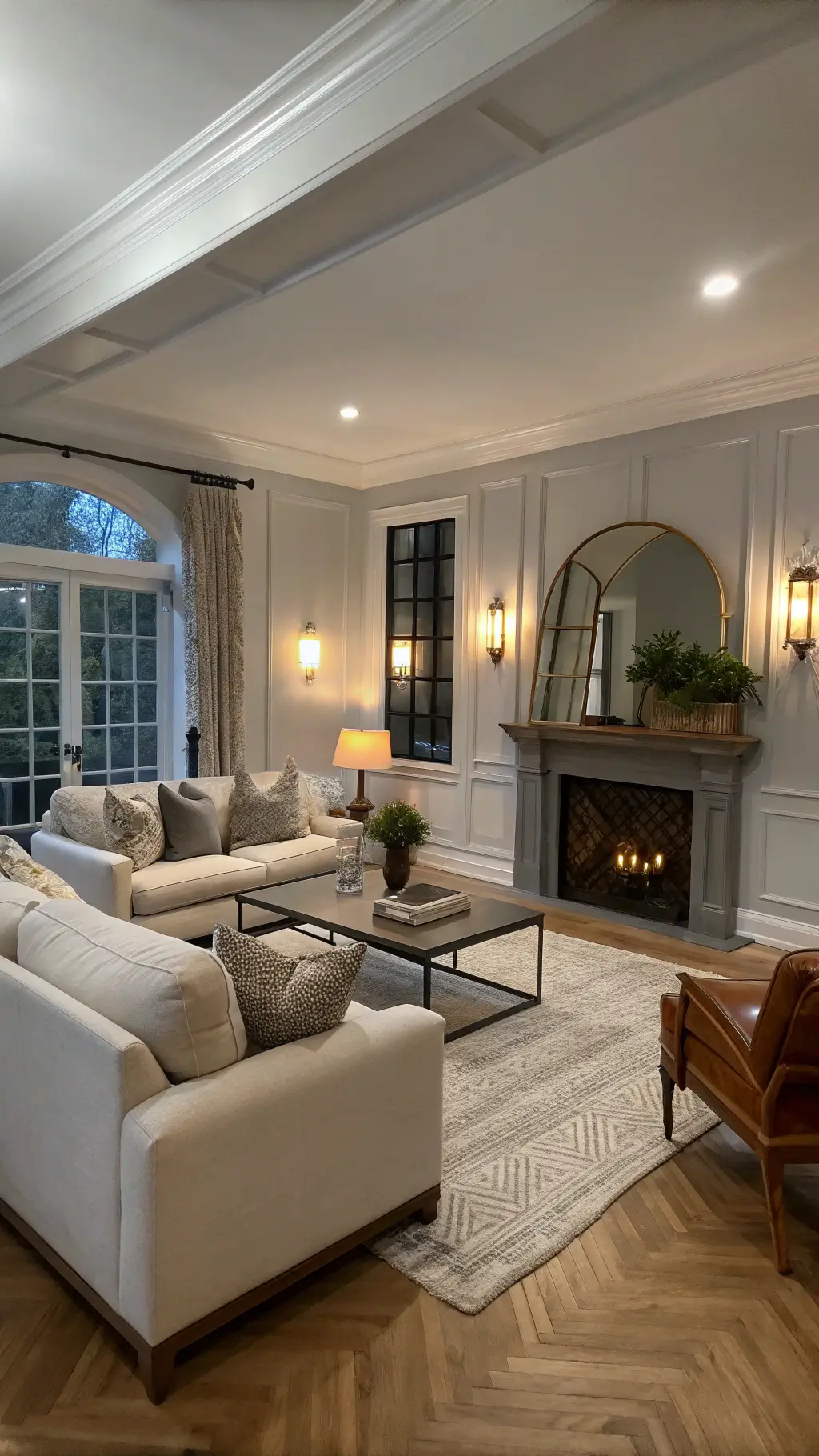 Modern living room corner with pearl gray walls, natural linen sofa, mid-century leather chairs, antique mirror coffee table, and wool rug