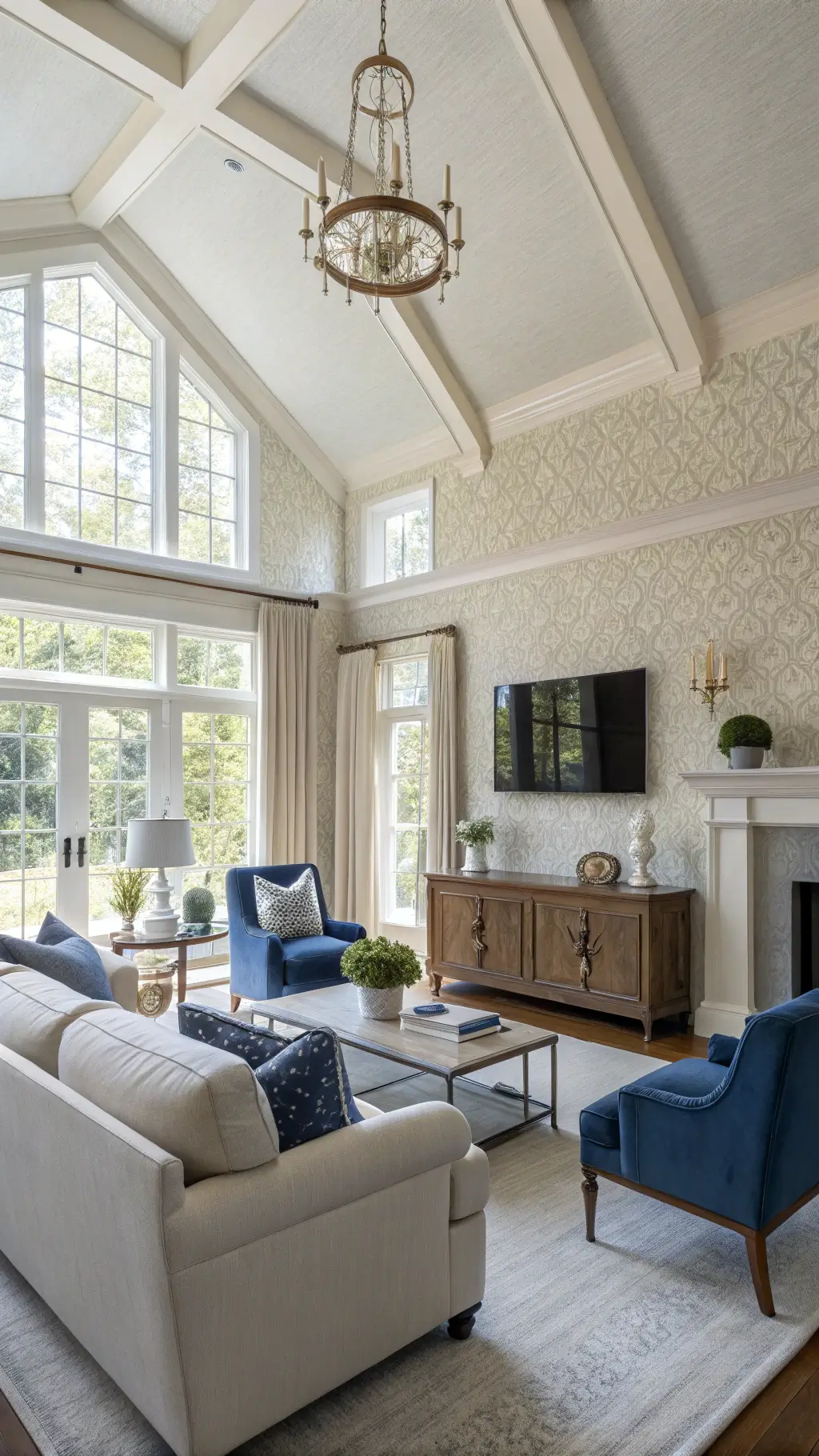 Sunlit great room with high ceilings, oatmeal bouclé sofa, slate blue velvet chairs, bleached oak coffee table, and brass accessories