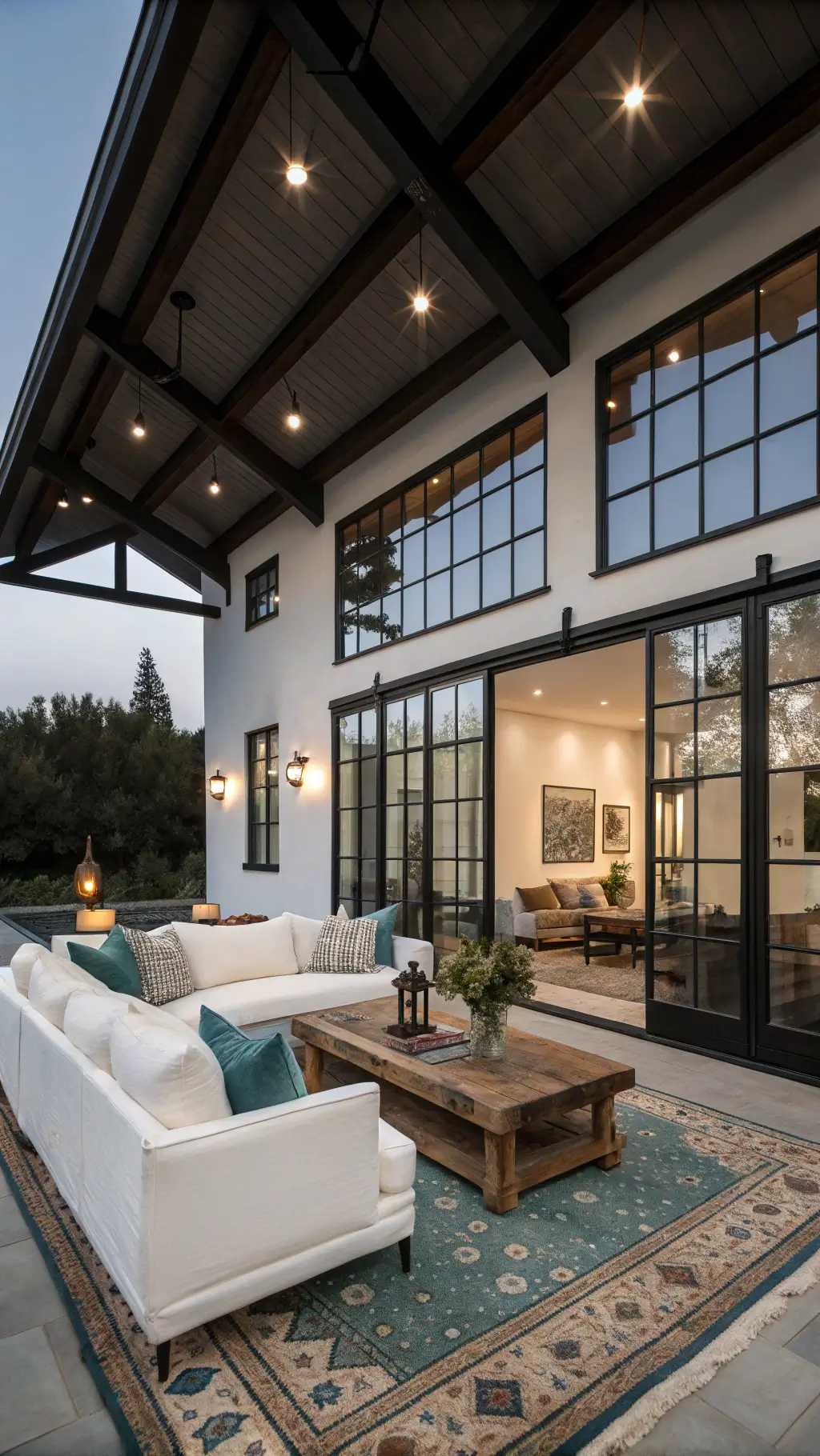 Spacious living room with white walls, black-framed windows, dark beams, slipcovered sofas, reclaimed wood coffee table, and mixed metal accessories