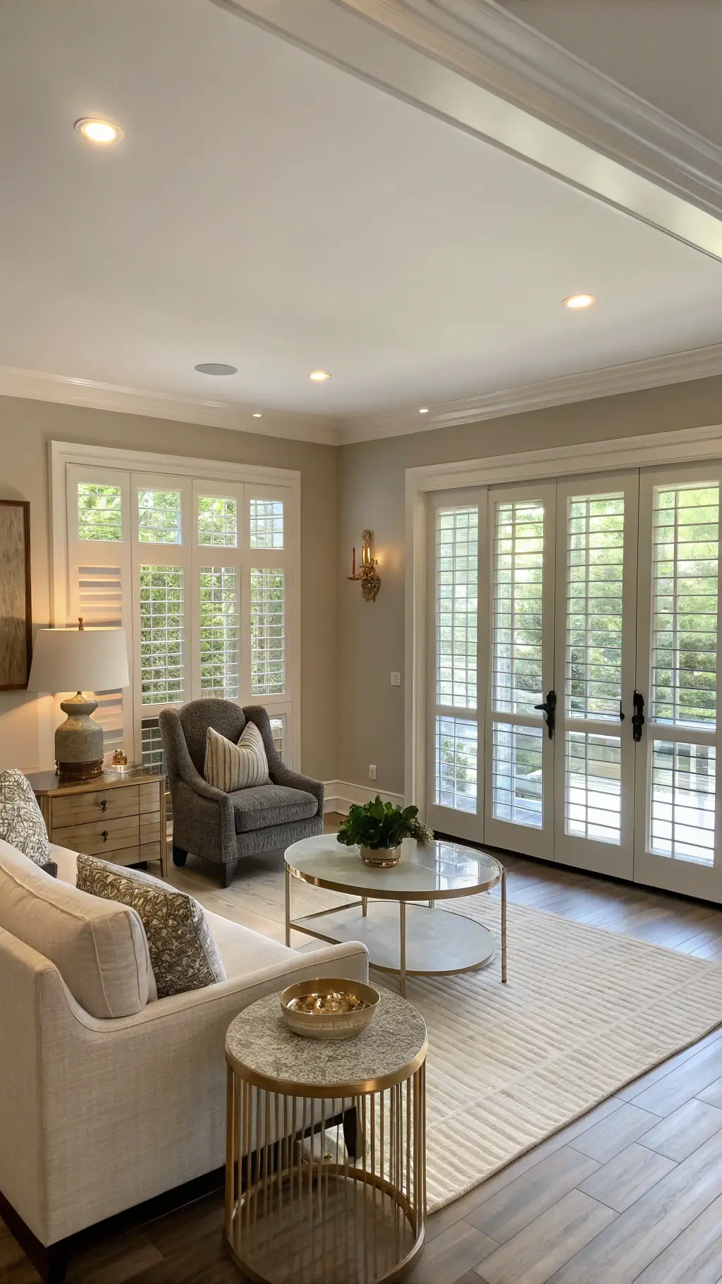 Warm greige living room illuminated by morning sun, featuring white oak floors, plantation shutters, charcoal swivel chairs, ivory couch, and marble brass coffee table
