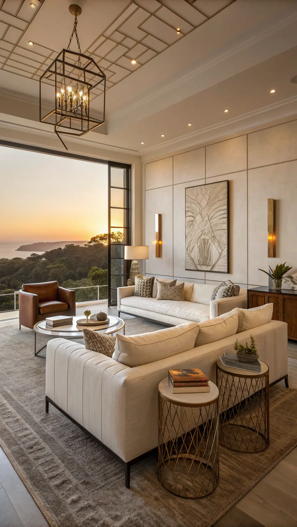 Sophisticated living room with taupe walls, cream sectional, vintage leather chairs, abstract art, mixed metal side tables, and geometric light fixtures at sunset