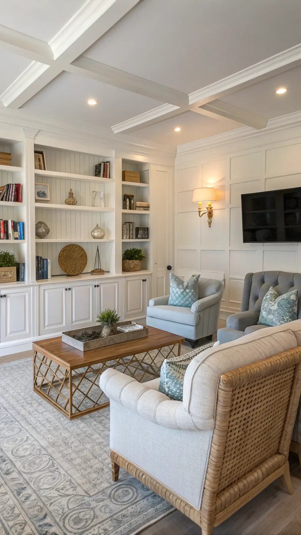Sitting room with white built-ins, pale gray velvet sofa, rattan chairs, antique brass coffee table, and coastal-inspired accessories in soft blues and natural tones