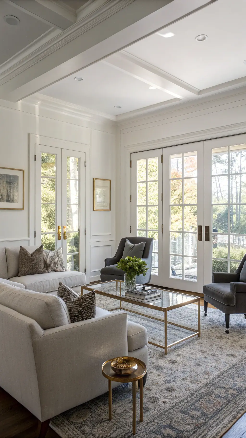 Living room illuminated by morning light through French doors, featuring white walls, modern linen sofa, charcoal velvet bergere chairs, brass and glass coffee table, and vintage decor