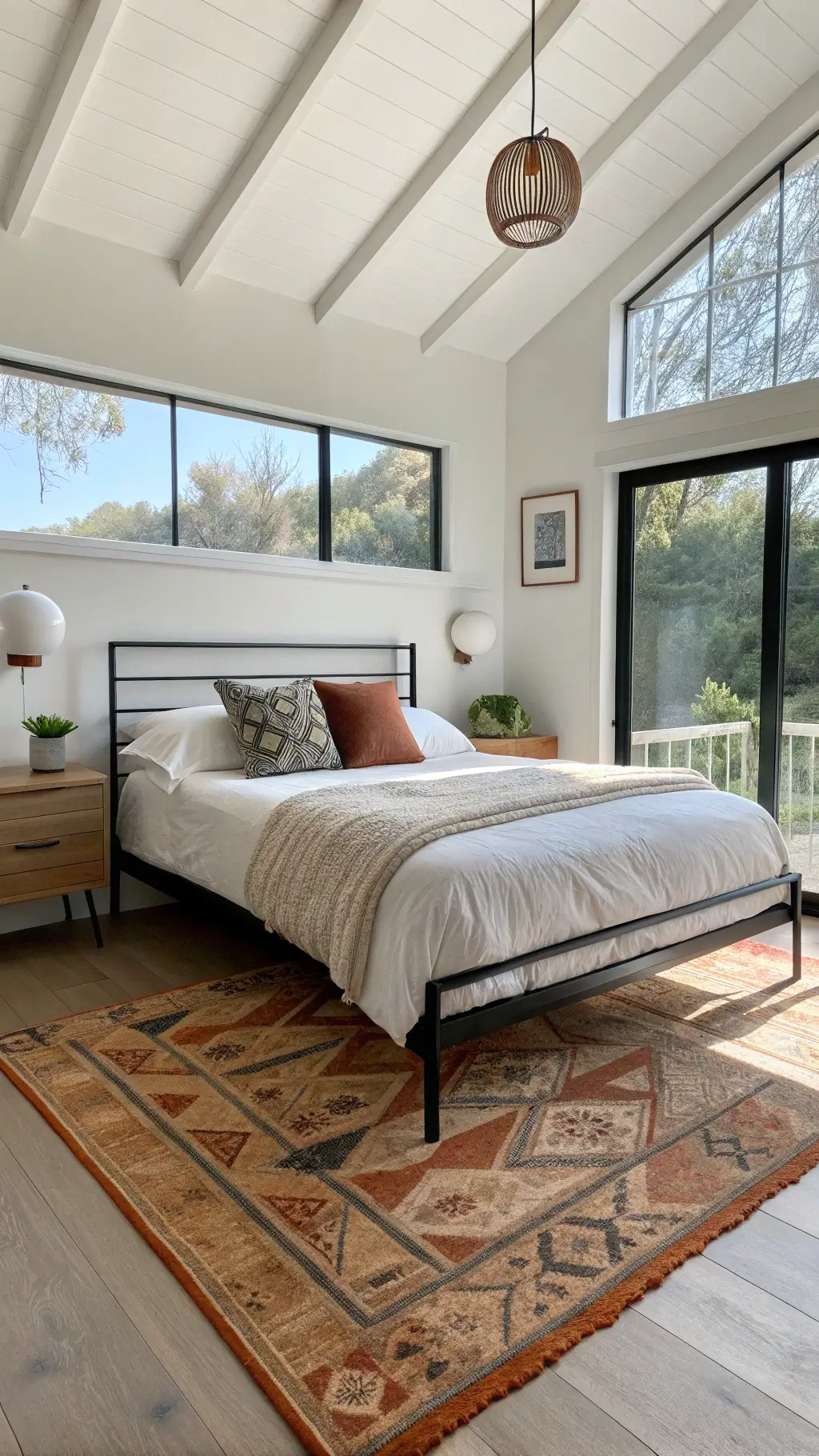 Bright mid-century modern bedroom with natural light