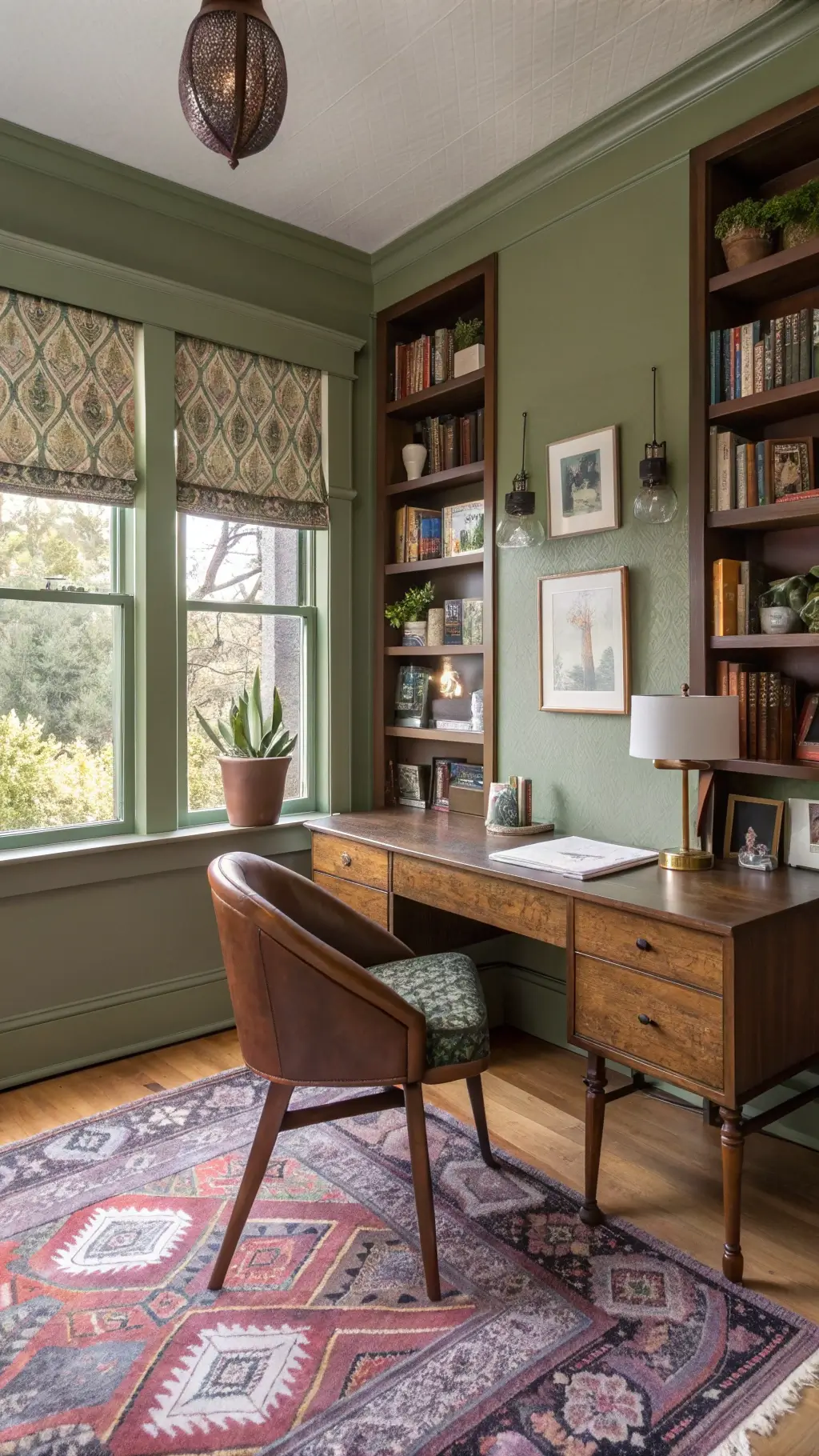 Eclectic home office with olive green accents and vintage decor