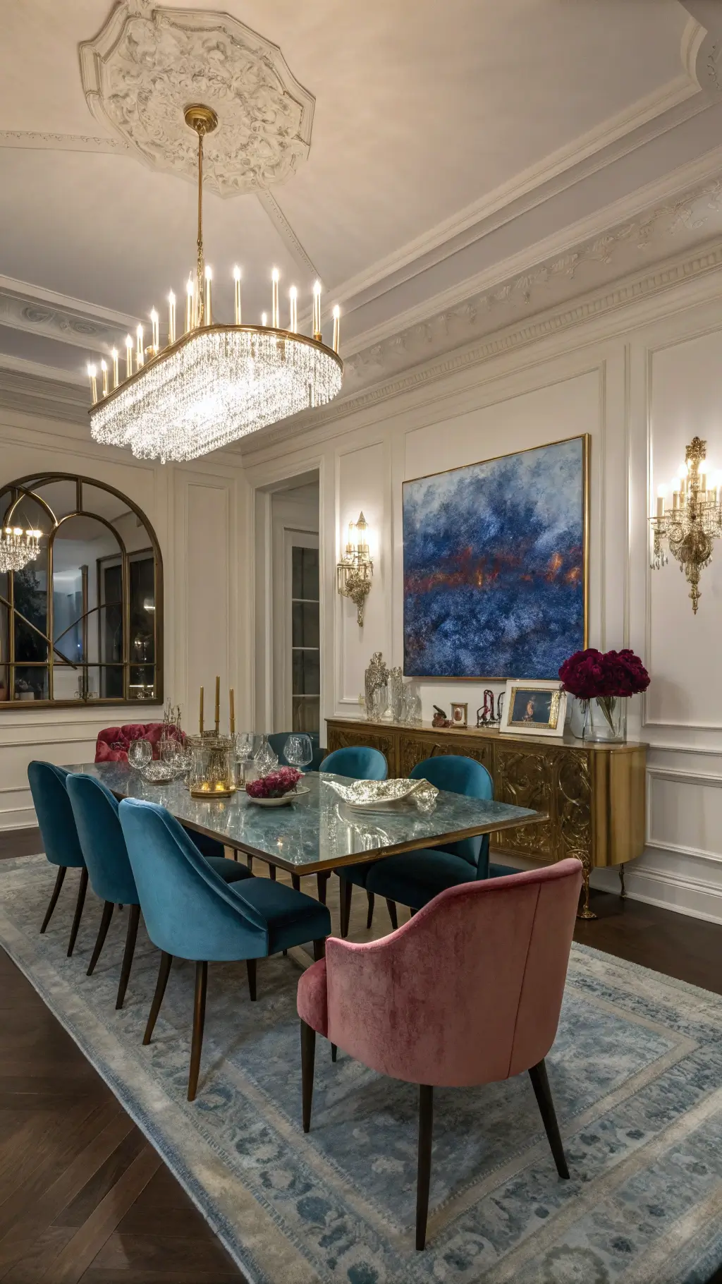 Maximalist dining room with vintage velvet and bold colors