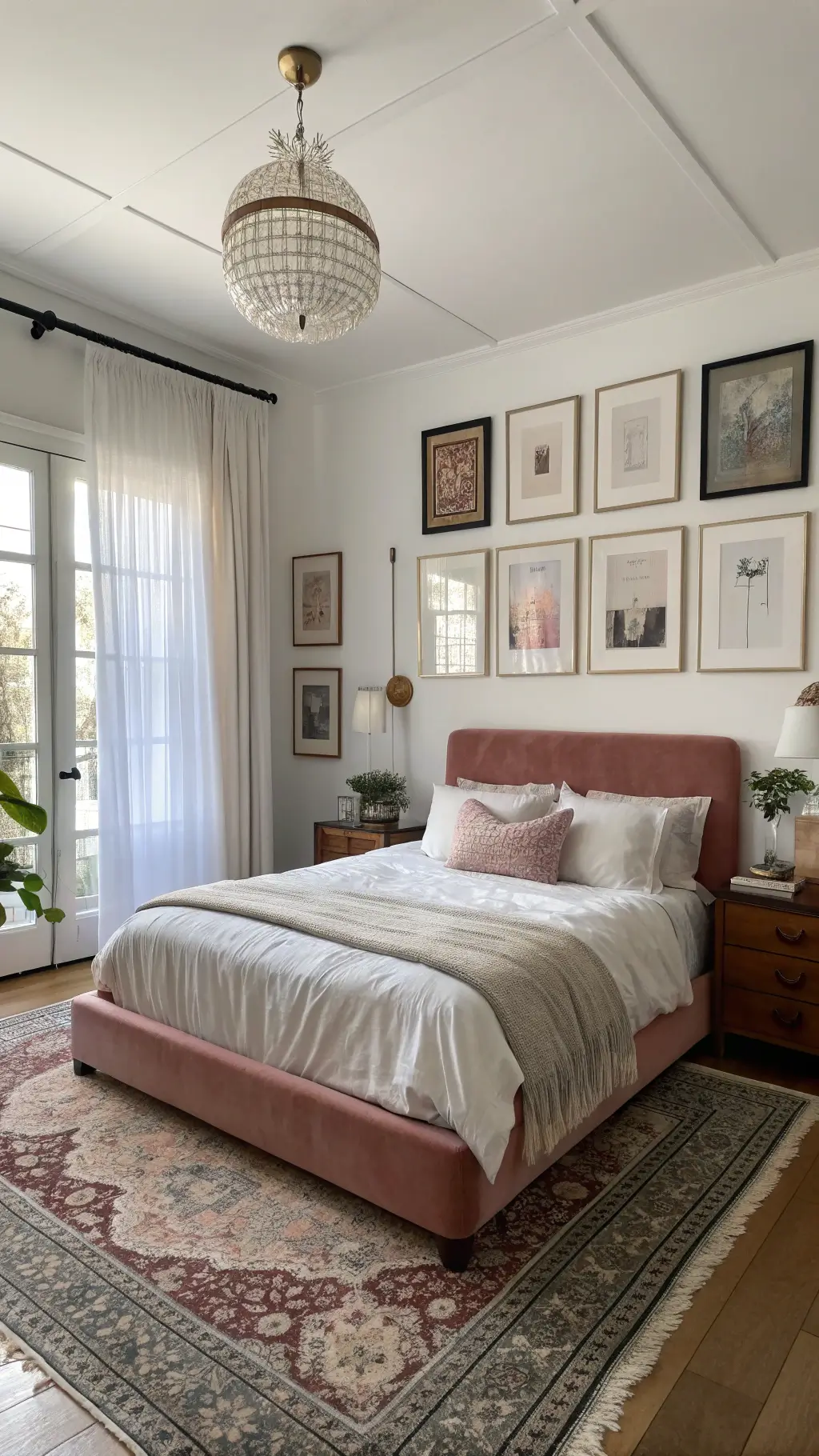 Artistic bedroom with gallery wall and velvet accents