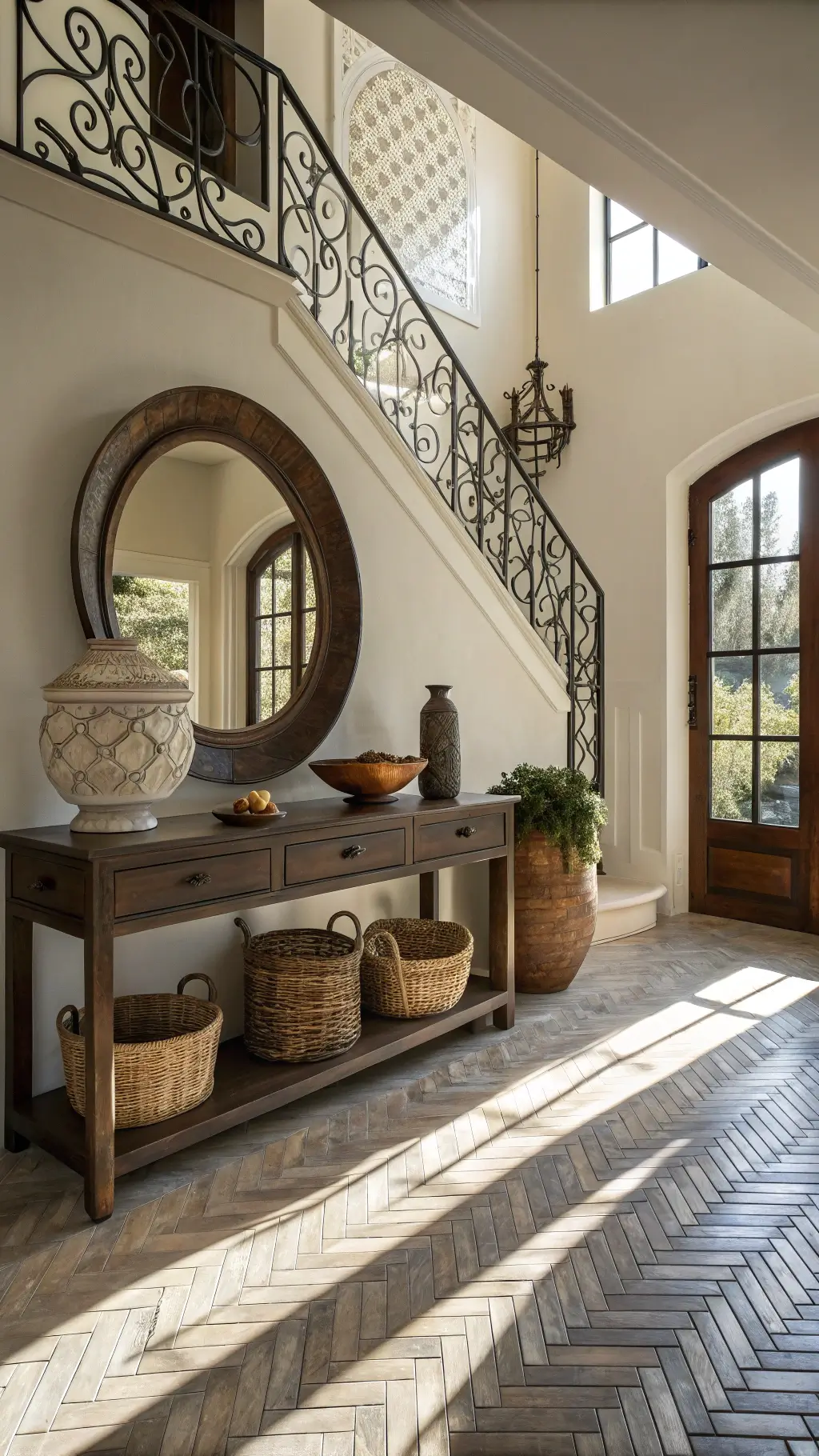Global-inspired entryway with layered decor and warm tones