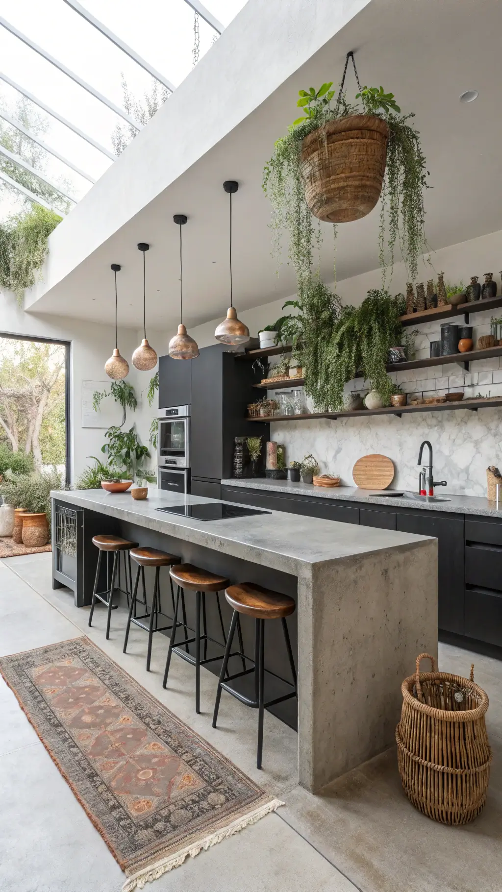 Bohemian kitchen with concrete and copper accents