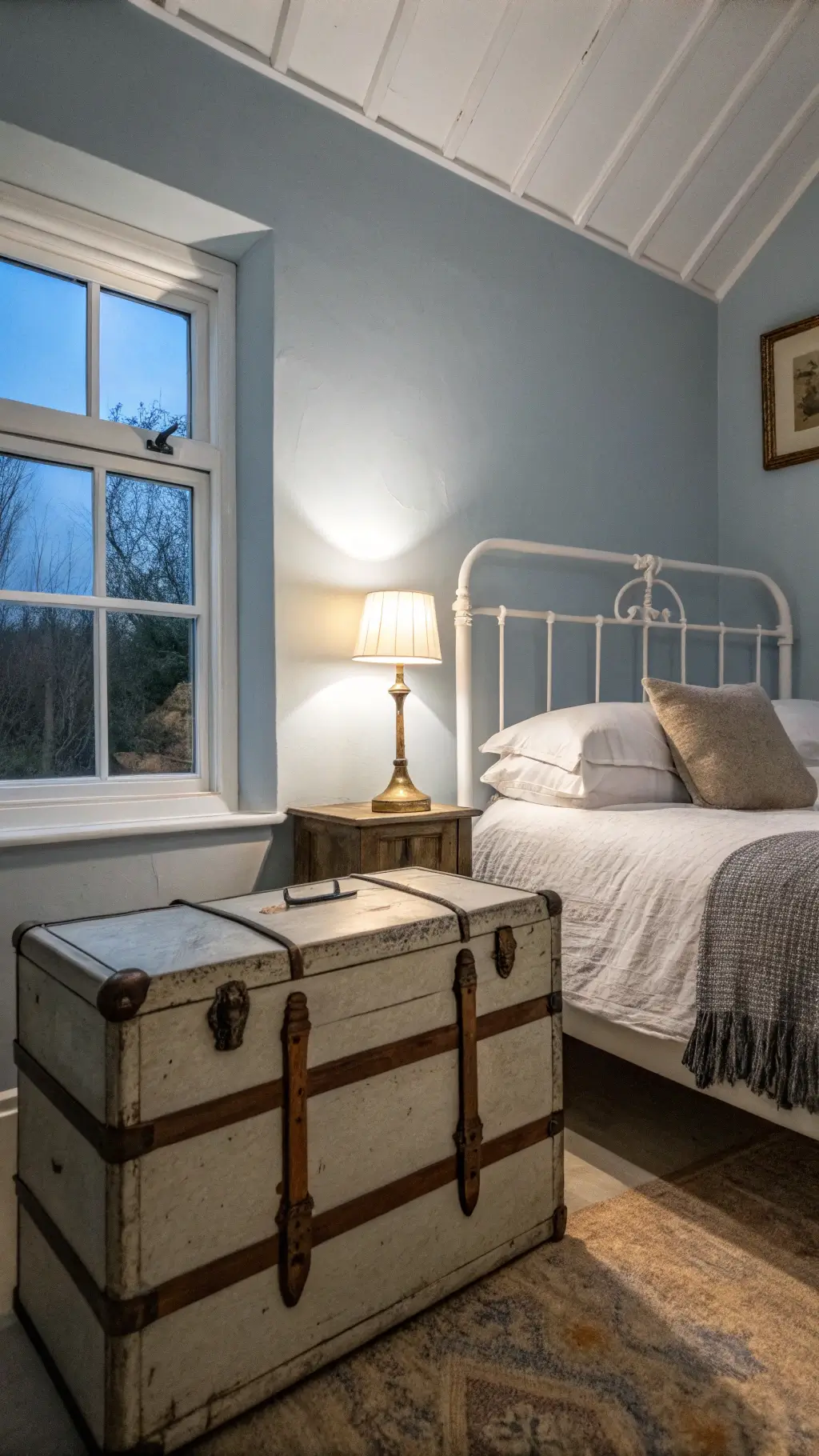 Minimalist twilight bedroom scene with a white iron bed, stone-washed linen, a vintage trunk serving as a bedside table with a brass lamp, in a pale blue-gray walled room lit by window and artificial light.
