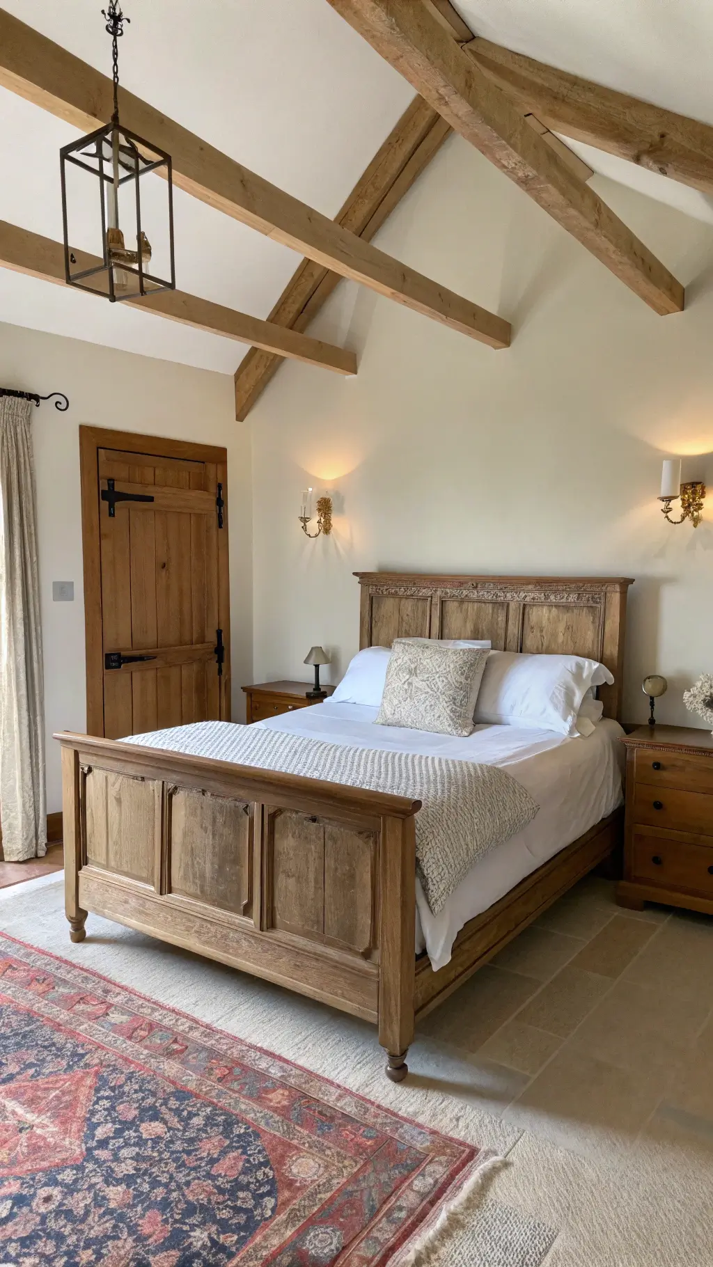 Airy vintage-style bedroom bathed in soft morning light, with wooden bed frame, white linens, antique Persian rug, and exposed wooden beams, captured from doorway.
