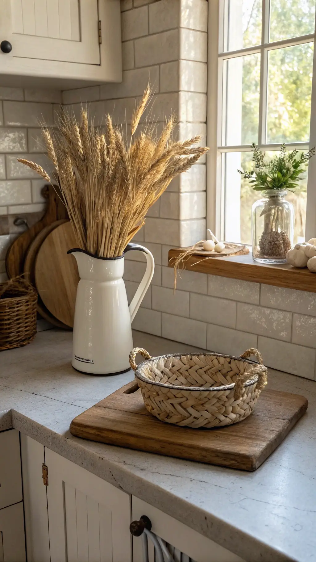 Farmhouse kitchen vignette with a creamy white enamel pitcher holding dried wheat, placed on a wooden board beside a woven basket, bathed in soft morning light on a countertop.