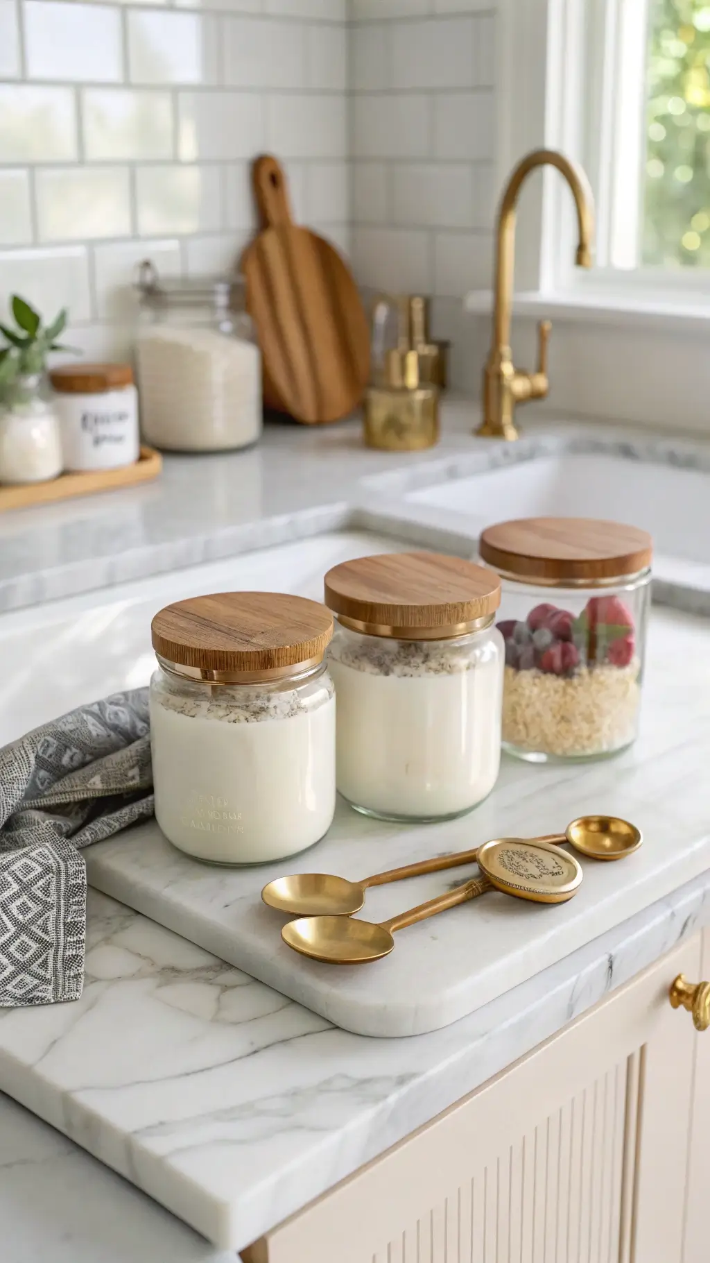 Cozy kitchen scene featuring vintage mason jars on a marble countertop illuminated by soft morning sunlight.