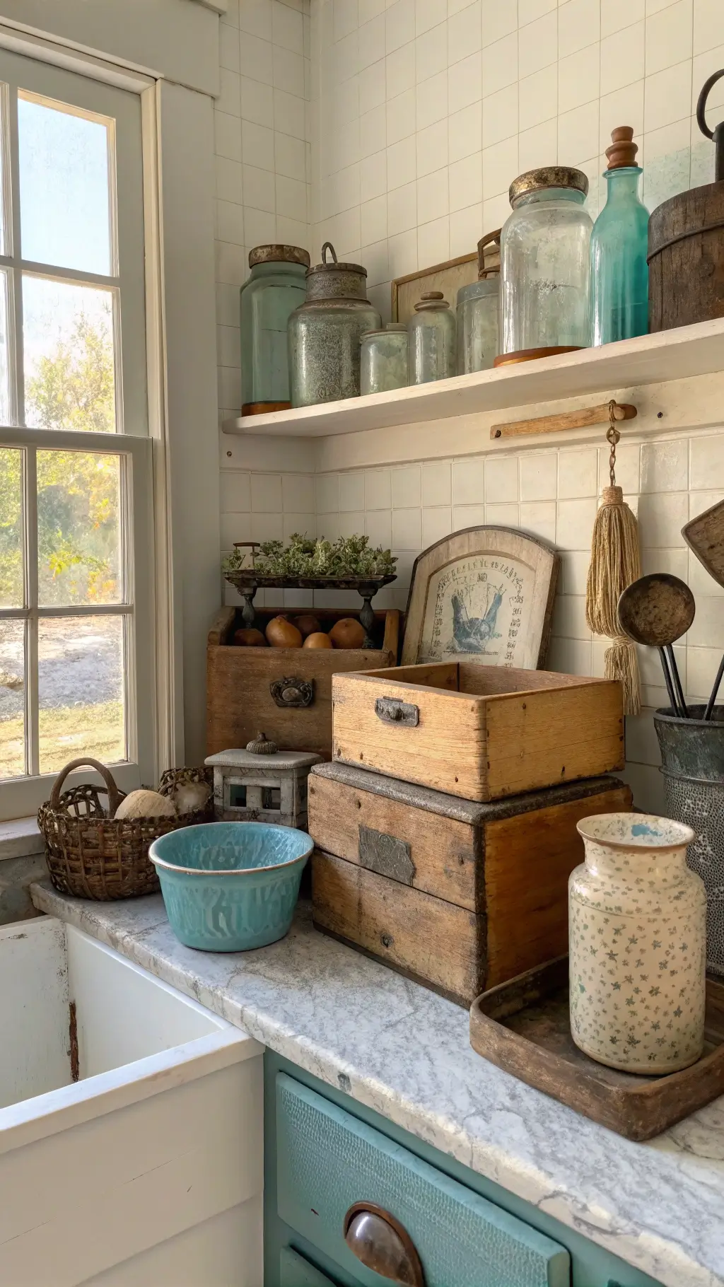 Sunlit farmhouse kitchen showcasing vintage mason jars, weathered wooden crates, and antique kitchen tools in a palette of cream, wood, and soft blue hues.