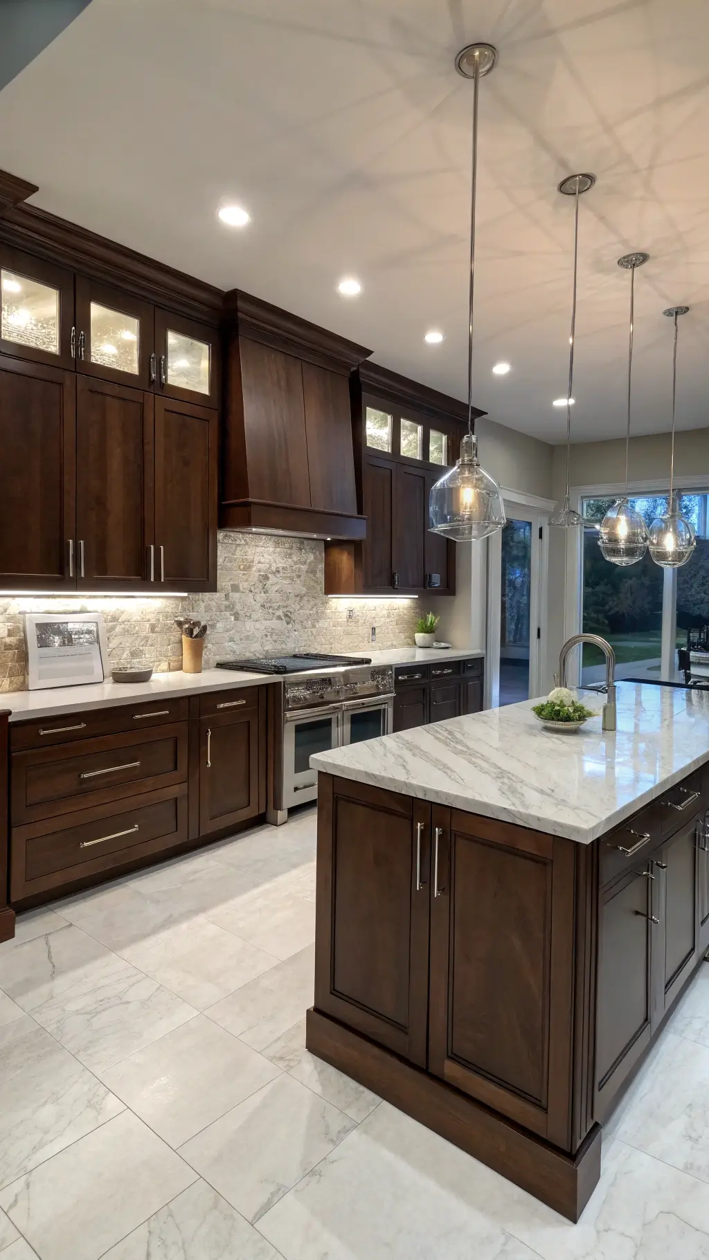 Modern dark wood kitchen with mahogany cabinets, white marble countertops, under-cabinet LED lighting, and chrome accents