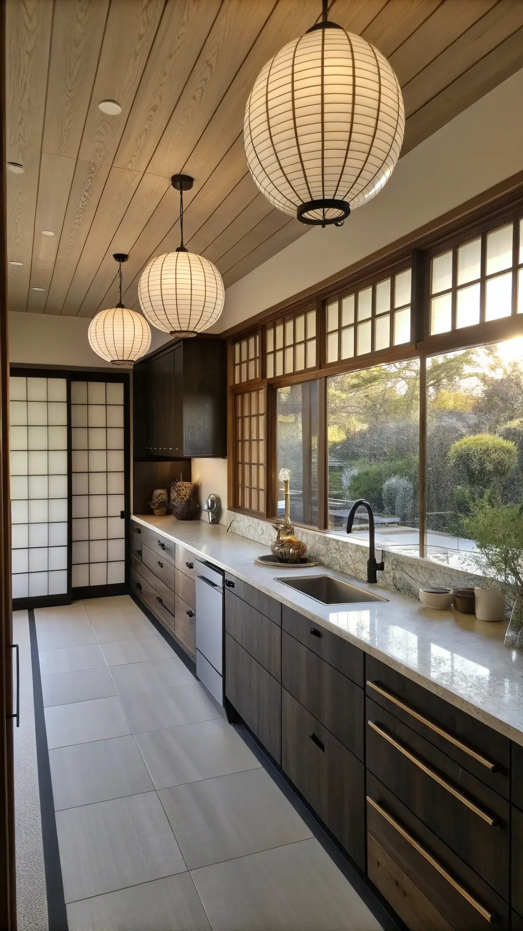 Japanese-inspired galley kitchen with ebony-stained ash cabinets, white stone counters, bamboo accents, and shoji screens
