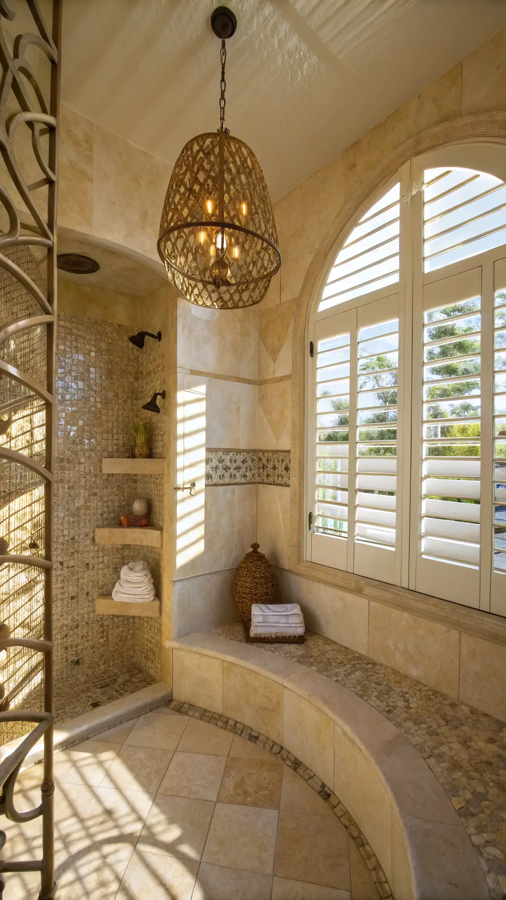 Luxurious coastal-themed bathroom with golden light and artisanal soaps