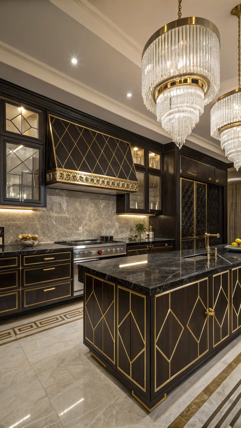 Art deco kitchen with Macassar ebony cabinets, black and gold marble countertops, mirrored backsplash, and vintage chandeliers