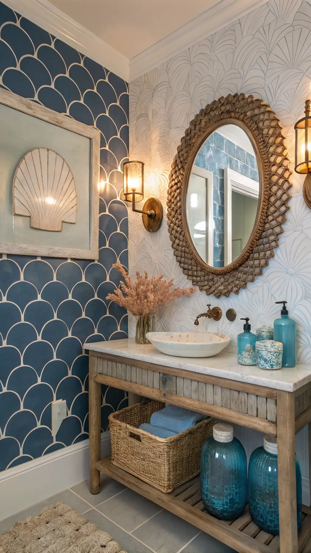 Powder room with shell-embellished accents and rattan driftwood console