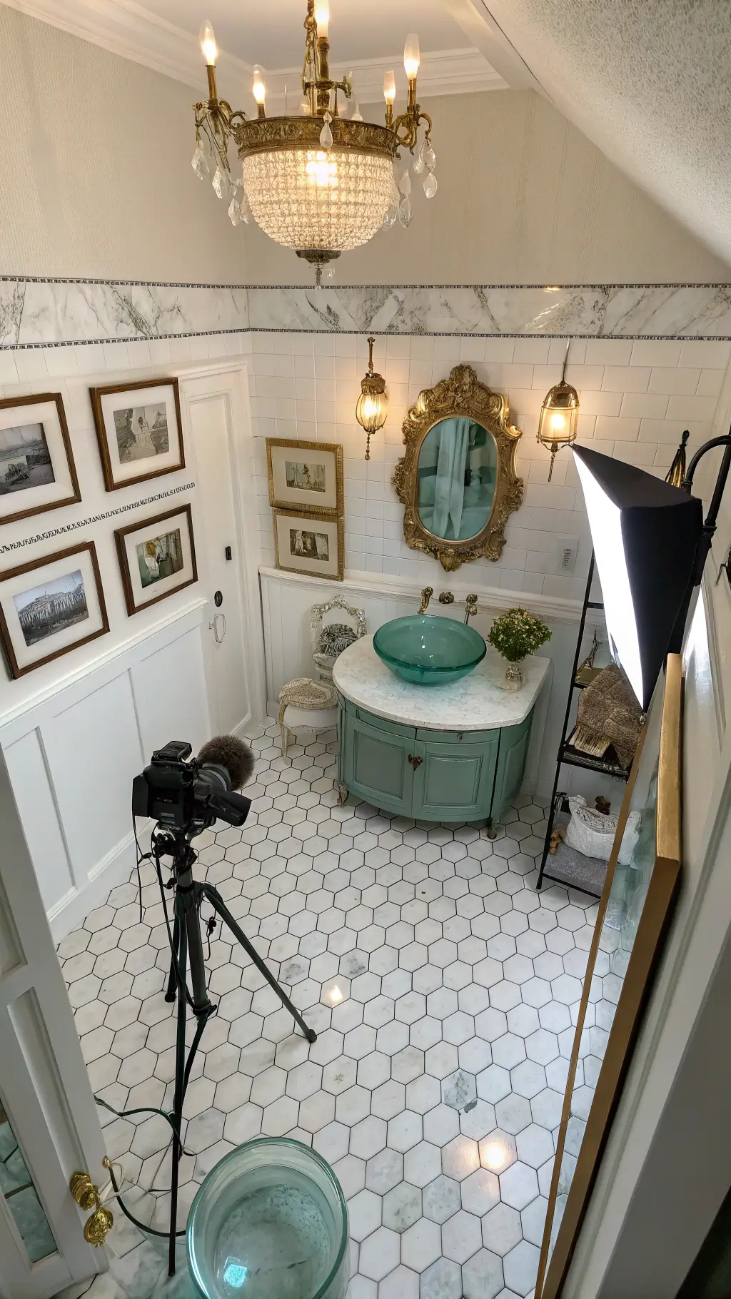 Elegant maximalist bathroom with marble hexagon tiles and vintage brass vanity