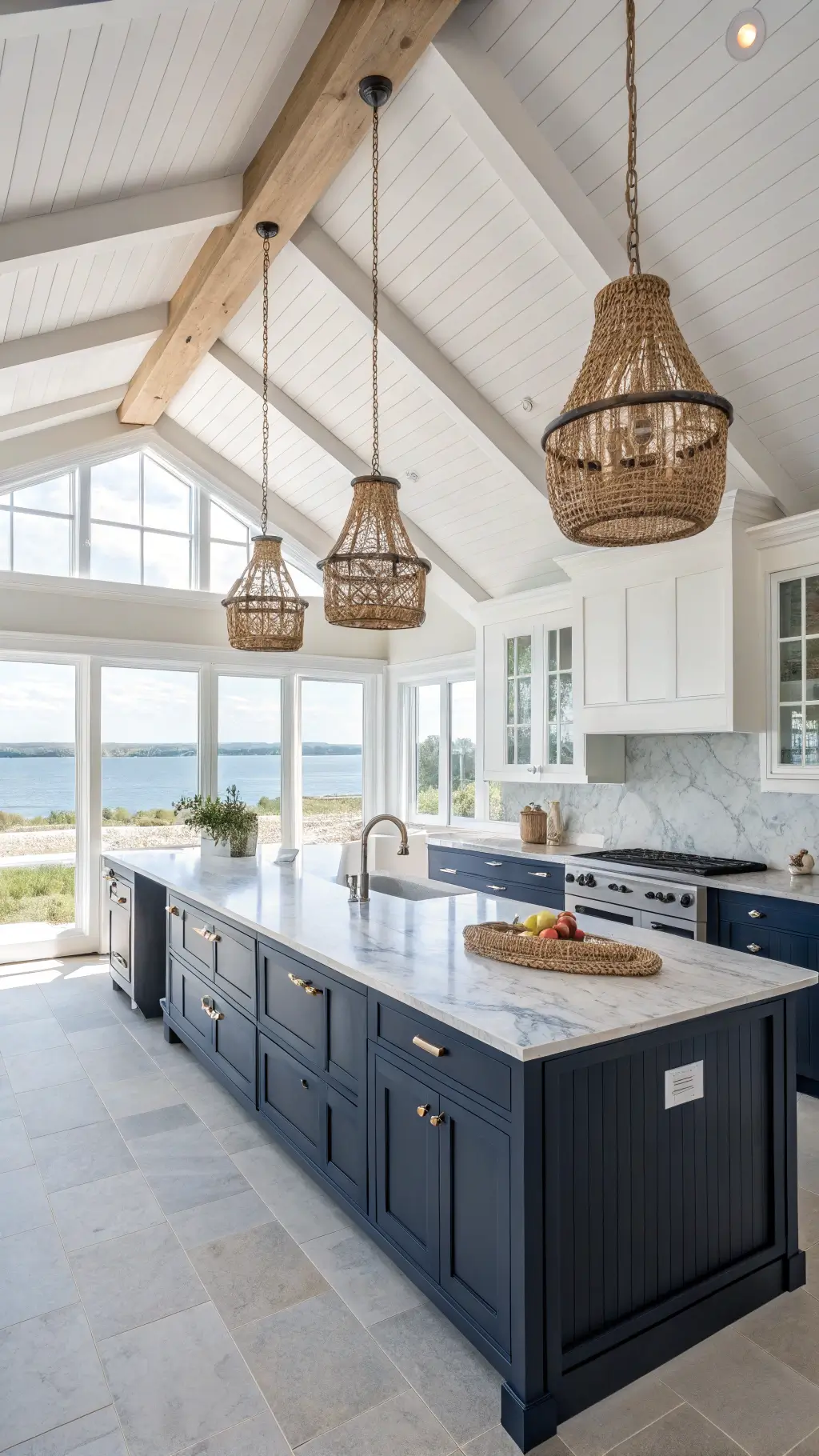 Bright coastal kitchen with navy-stained oak cabinets, white marble counters, woven pendants, and driftwood accents